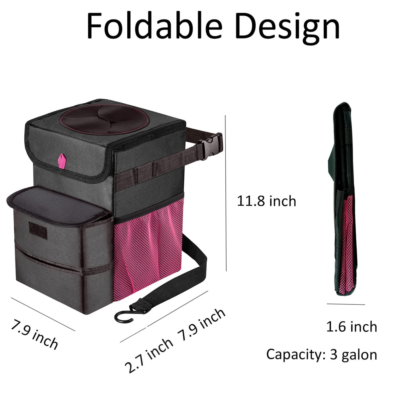 Foldable Car Trash Can - 3 Gallon Leakproof Auto Garbage Bin for Vehicles (Black/Pink) | Ideal for Road Trips, Commuting & Keeping Your Car Clean