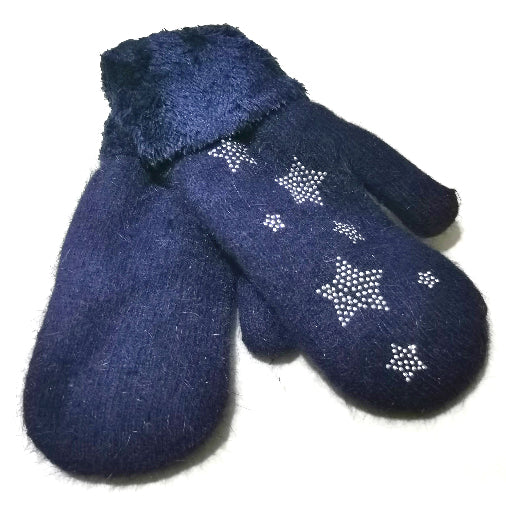 Little Stars Faux Fur Mittens for Women - Soft Winter Gloves Navy Blue - Perfect for Cold Weather, Snow Activities & Outdoor Adventures