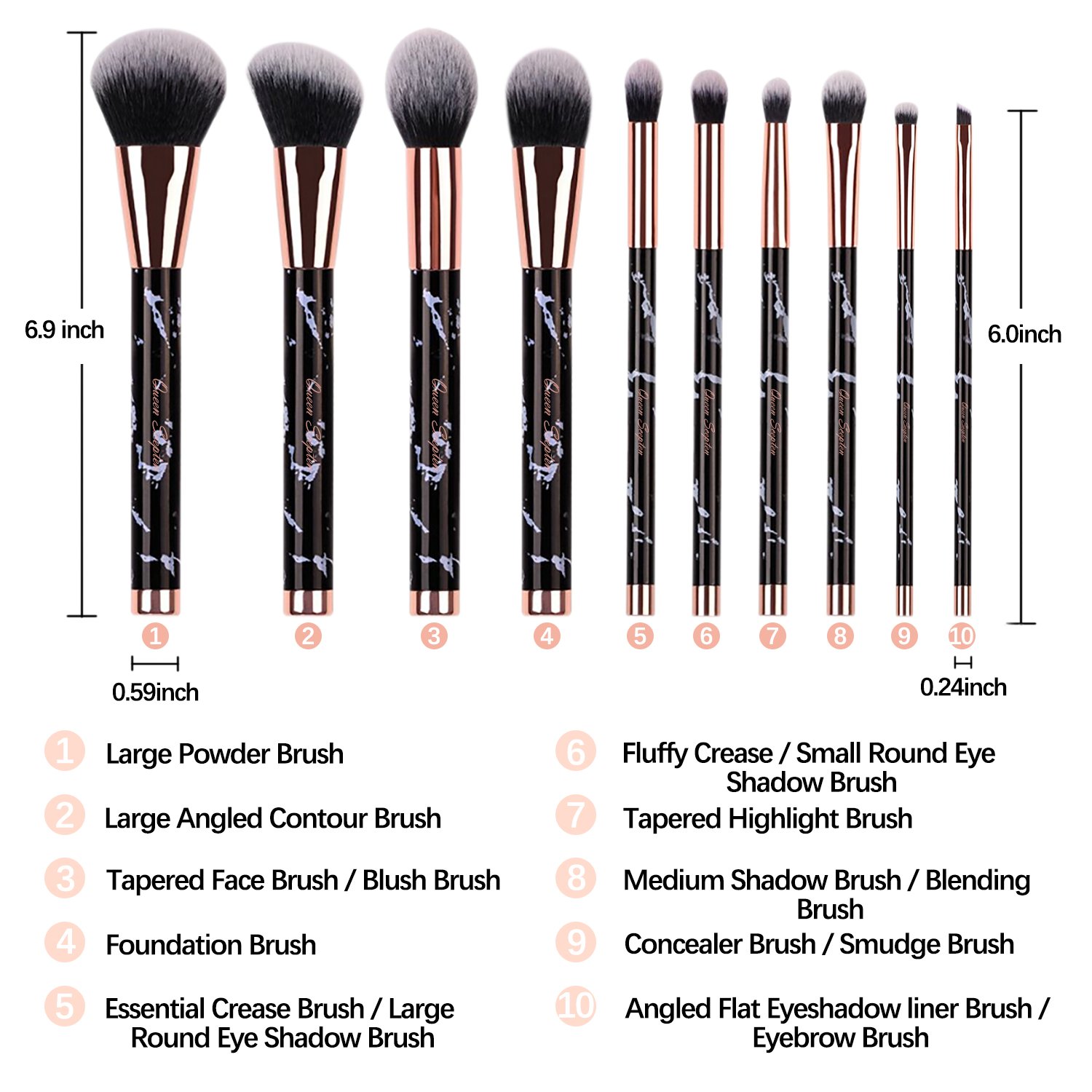 10-Piece Marble Makeup Brush Set - Professional Eyeshadow, Concealer, Eyeliner, Eyebrow & Foundation Brushes for Travel & Everyday Makeup Application | Perfect for Beginners & Makeup Artists