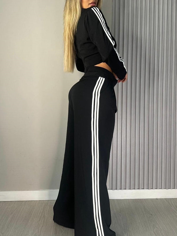 ZASUWA Women's Contrast Color Stripes Big Heart Collar Pocket Casual Tracksuit Set - Stylish Lounge Wear for Home, Gym & Street Fashion
