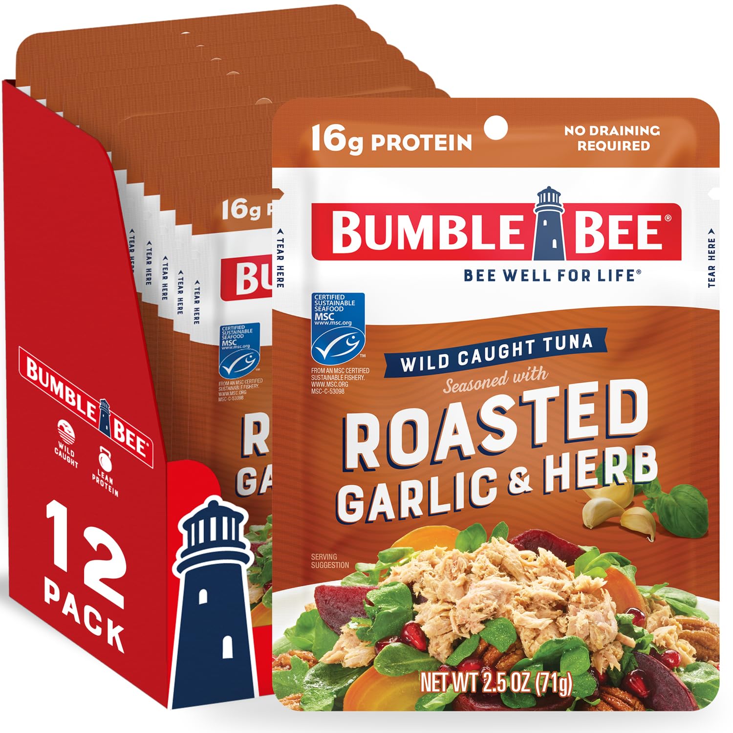 Bumble Bee Roasted Garlic & Herb Seasoned Tuna, 2.5 oz Pouches (Pack of 12) - Wild Caught, Ready to Eat Tuna Snack - High Protein (16g per Serving), Gluten Free, Keto & Paleo Friendly - Perfect for Lunch Boxes, Camping & On-the-Go Meals