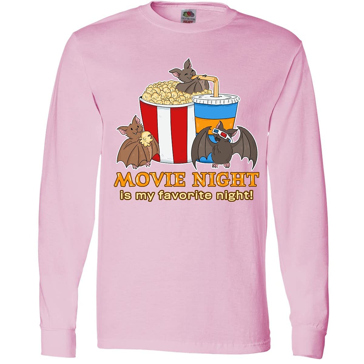 Inktastic Movie Night is My Favorite Night Bats with Popcorn Long Sleeve T-Shirt - Comfortable Cotton Tee for Film Lovers, Perfect for Cinema Outings & Cozy Nights