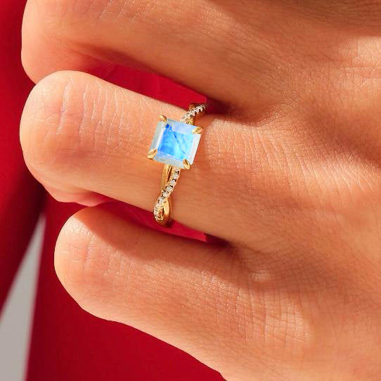 Natural Moonstone Square Crossover Ring for Women – Elegant Boho Jewelry for Everyday Wear & Special Occasions