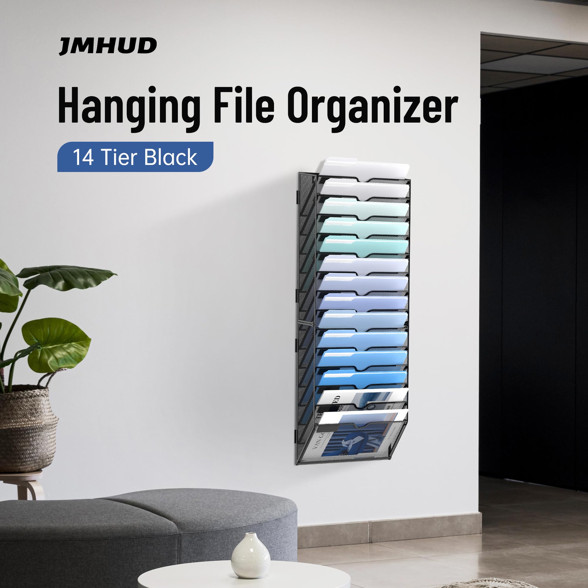 14-Tier Wall File Organizer - Hanging Wall Mount Mail & Paper Holder for Office & Home - Perfect for Organizing Files, Folders, Clipboards & Documents (Black) - Ideal for Home Offices, Workspaces & Study Areas