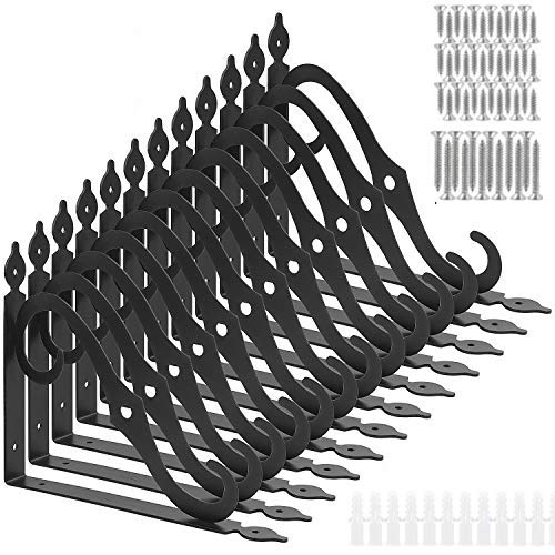 Acrux7 12 Pack Heavy Duty Black Metal Shelf Brackets 10 inch with Screws - Decorative L-Shaped Corner Braces for Floating Shelves, Wall Mounted Bookshelves & Kitchen Cabinets - Sturdy Shelf Support Brackets for Home & Office Organization