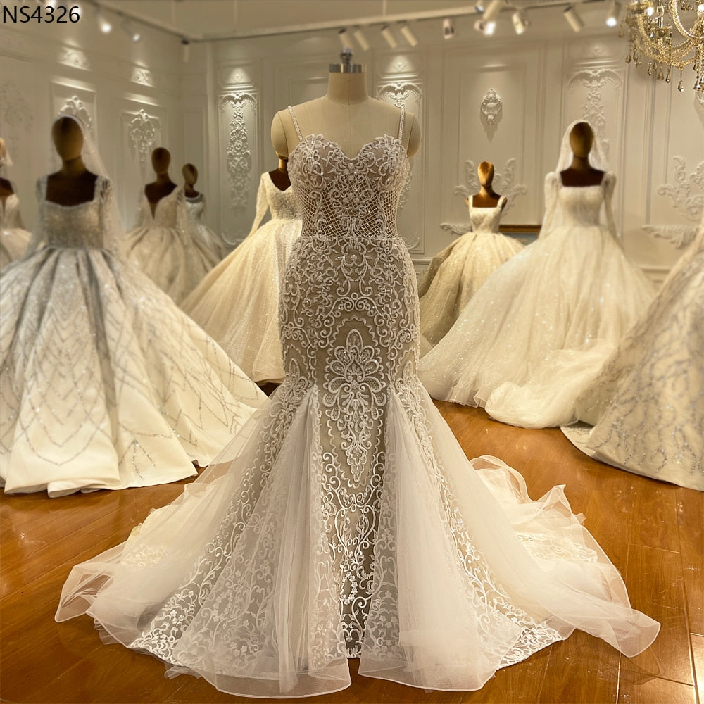 Elegant Mermaid Wedding Dress NS4326 – Lace Appliques & Beaded Bodice for Beach, Church, and Formal Weddings