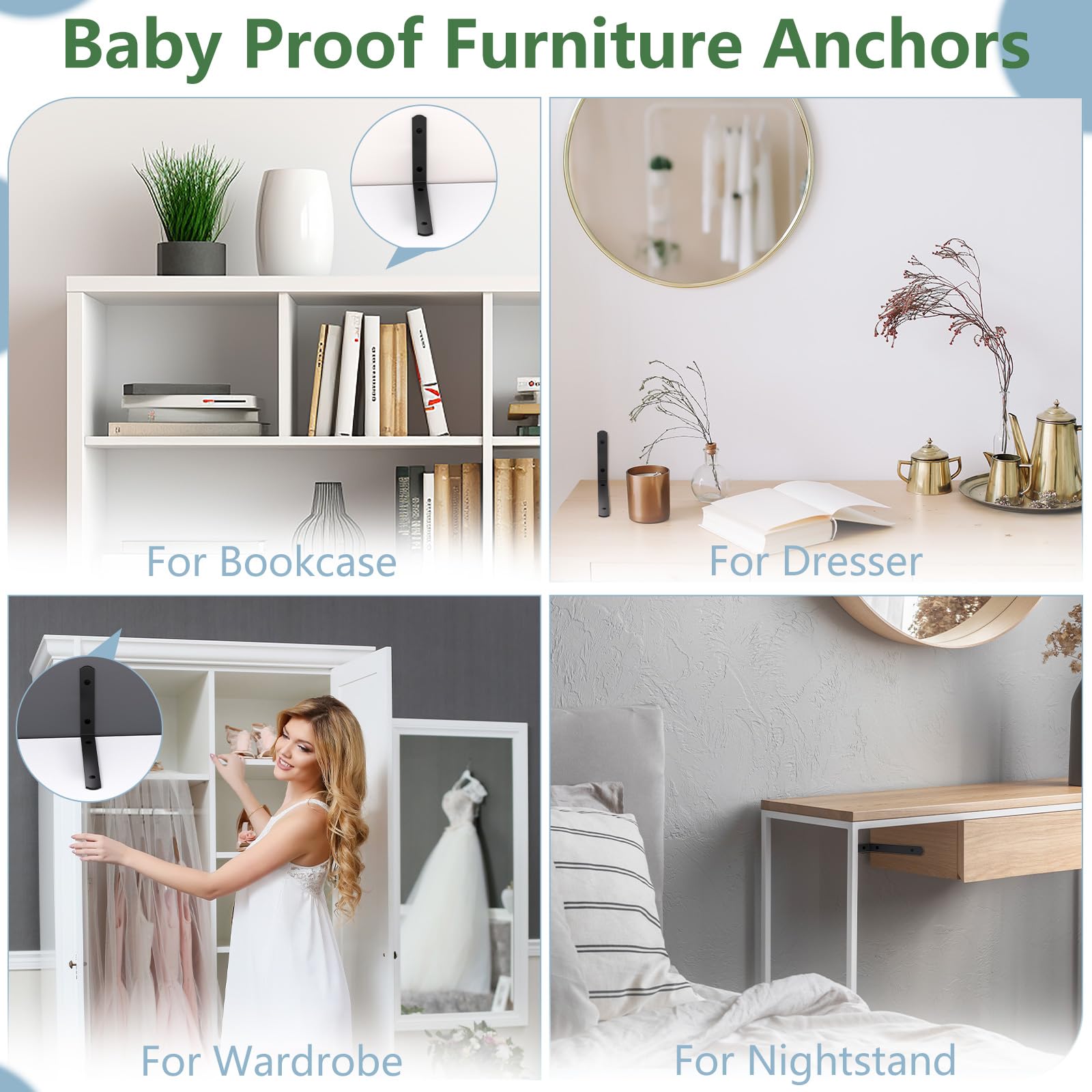 4-Pack Stainless Steel Furniture Anchors - No Drill Baby Proofing Anti-Tip Straps for Cabinets, Dressers & Bookshelves (6x4.3x1.2 Inch) - Secure Heavy Furniture & Prevent Child Accidents in Nursery, Living Room & Bedroom
