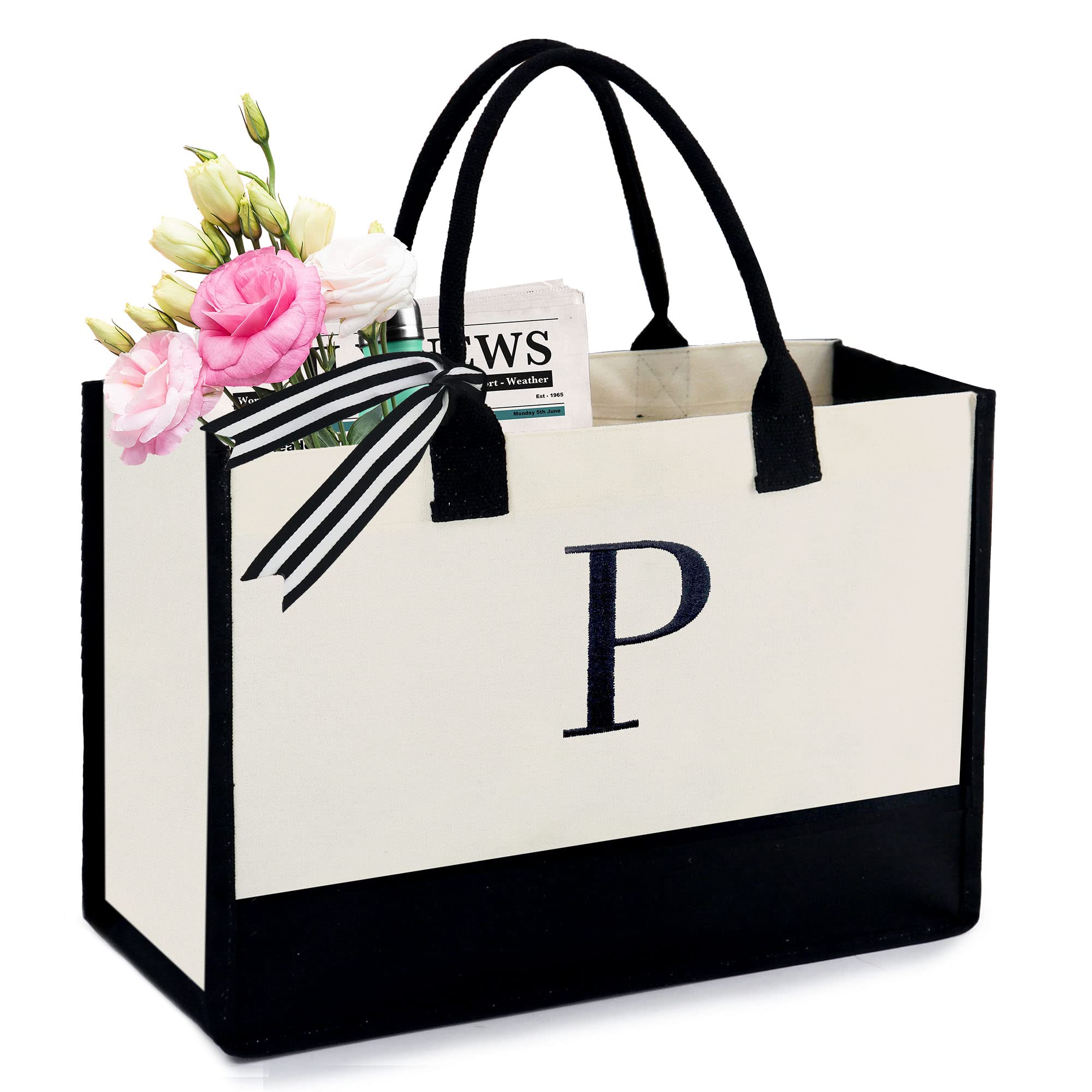 BeeGreen Personalized Initial Tote Bag for Women - 13oz Canvas Tote with Pocket - Birthday Gift for Sister, Mom, Friends & Teacher - Perfect for Shopping, Work, Beach & Daily Use