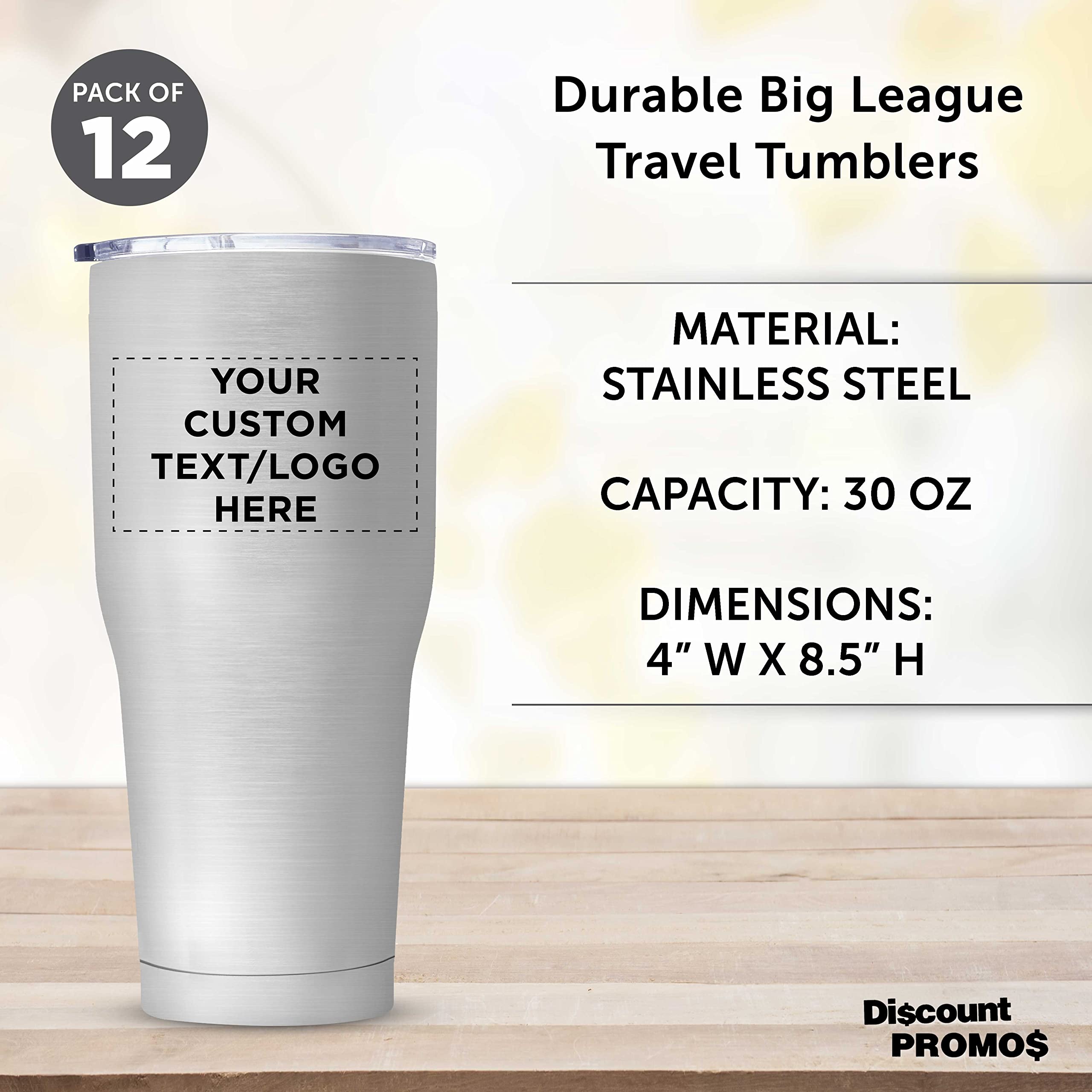 Custom 30 oz Big League Travel Tumblers - Set of 12 Personalized Stainless Steel Insulated Cups | Double Wall Vacuum Insulation for Coffee, Tea & Hot Cocoa | Perfect for Team Sports, Camping & Office Use - Silver Bulk Pack