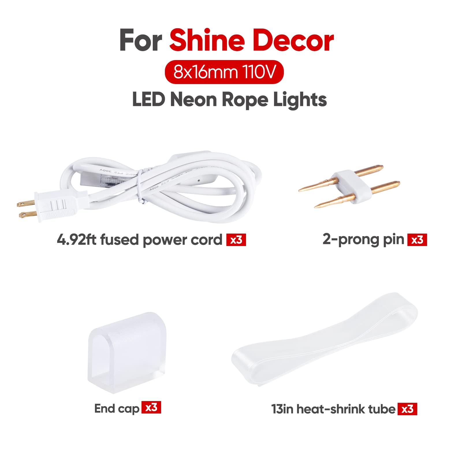 110V LED Neon Rope Light Cord - 4.92FT for 8x16mm Lights (3-Pack) - Party & Home Decor