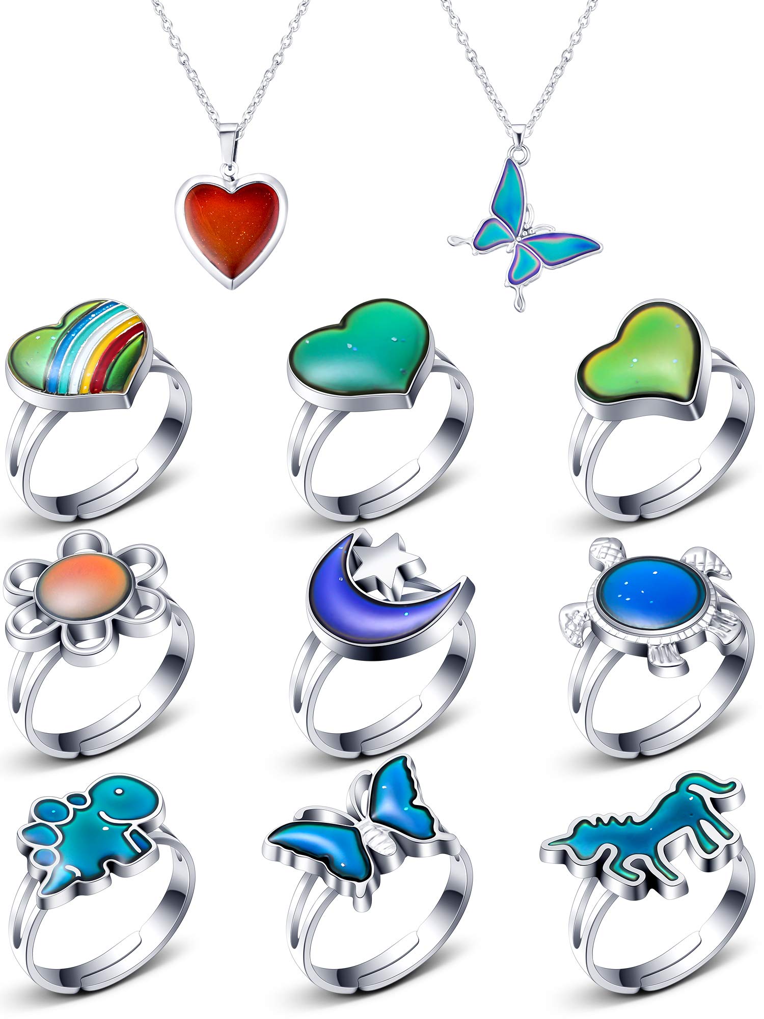 Hicarer 9 Pcs Mood Rings with 2 Mood Necklaces - Color Changing Adjustable Rings Set for Women & Men - Fun Party Favors, Birthday Gifts & Costume Jewelry - Perfect for Halloween, Valentine's Day & Everyday Wear