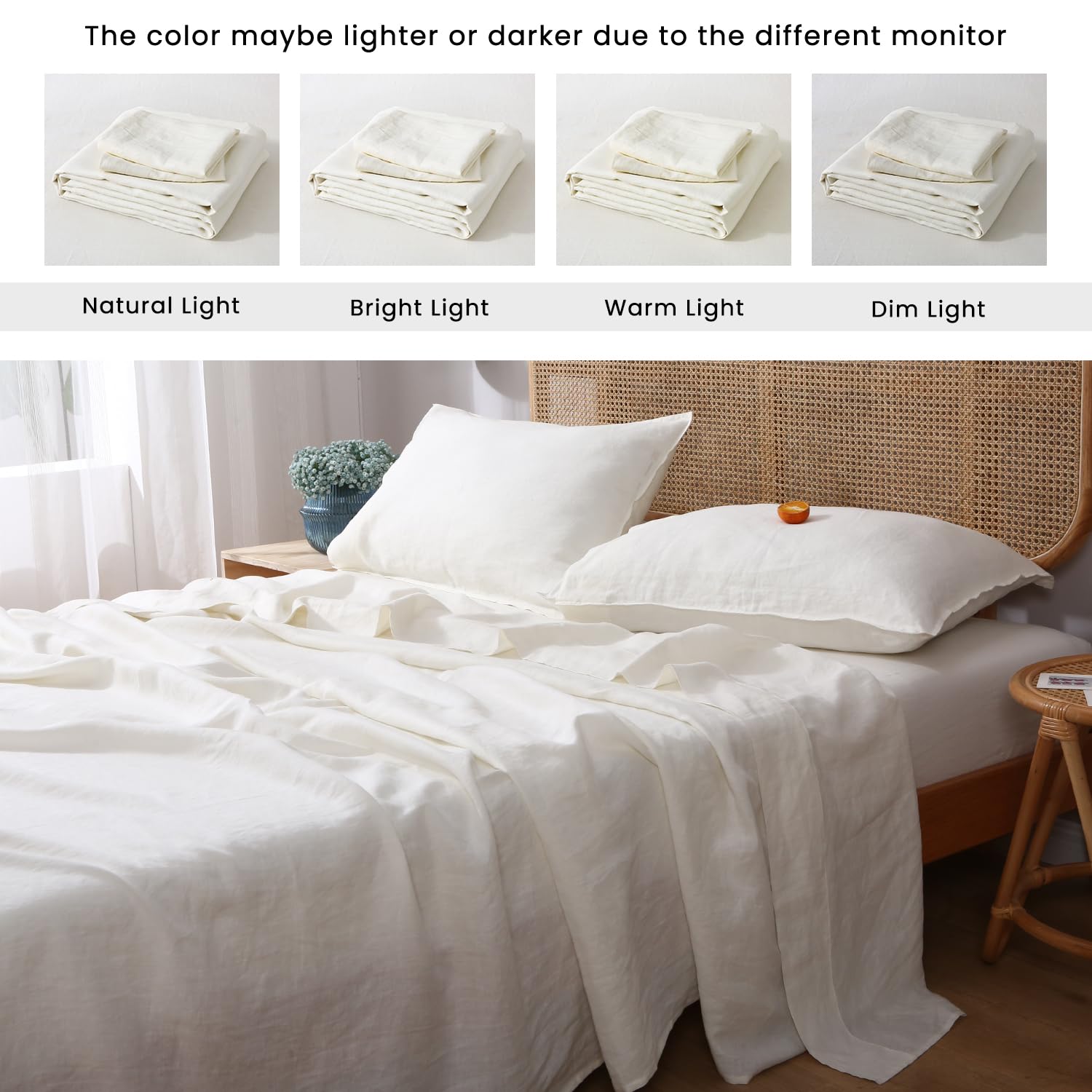 100% Organic French Linen Sheets Set - Queen Size Stone Washed Flax Bedding in Creamy White | Ultra Soft & Breathable | Perfect for Luxury Bedrooms, Guest Rooms & Eco-Friendly Homes
