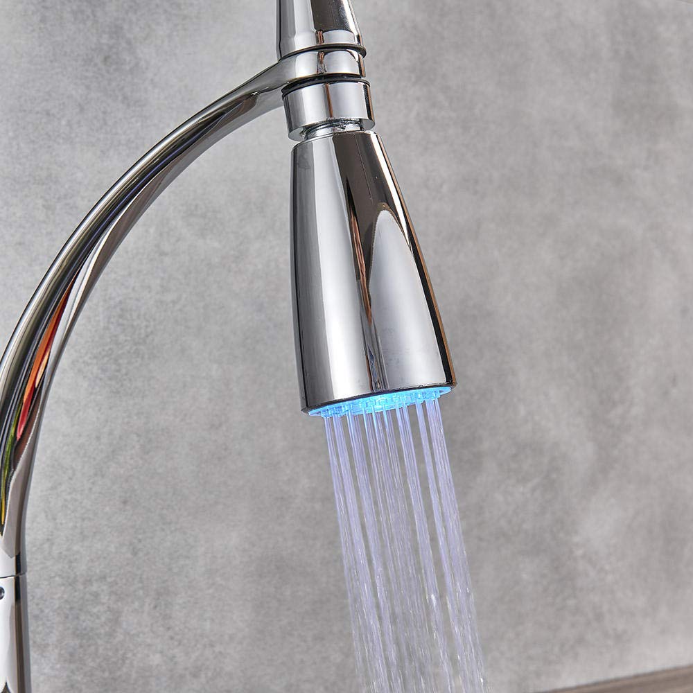 Stainless Steel Chrome LED Kitchen Sink Faucet - Pull Down Swivel Sprayer with Hot/Cold Water Mixer - Perfect for Modern Kitchens & Bathrooms (Deck Mount Installation)