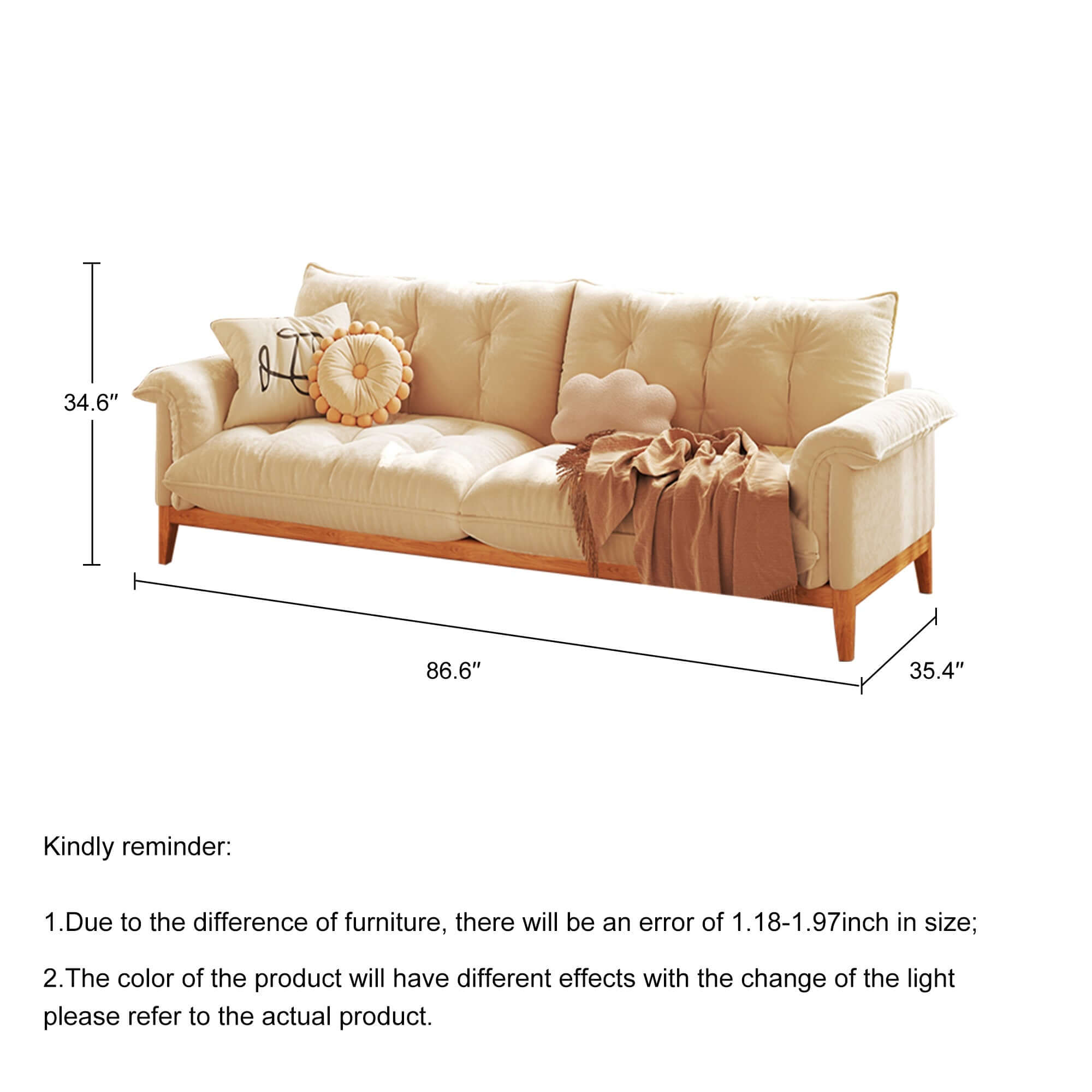 Modern 3-Seater Sofa - Beige Solid Wood Frame with Cotton Linen Upholstery - Perfect for Living Room, Lounge & Home Office Comfort
