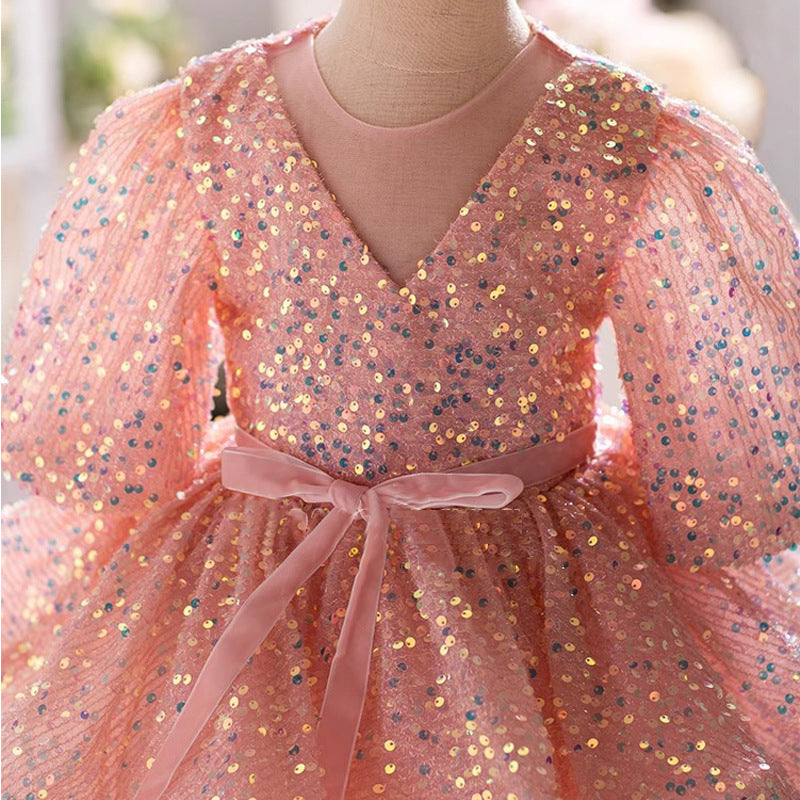 Elegant Pink Sequin Balloon Sleeve Puff Princess Dress for Baby Girls | Toddler First Communion Dress | Perfect for Special Occasions, Birthday Parties & Photo Shoots