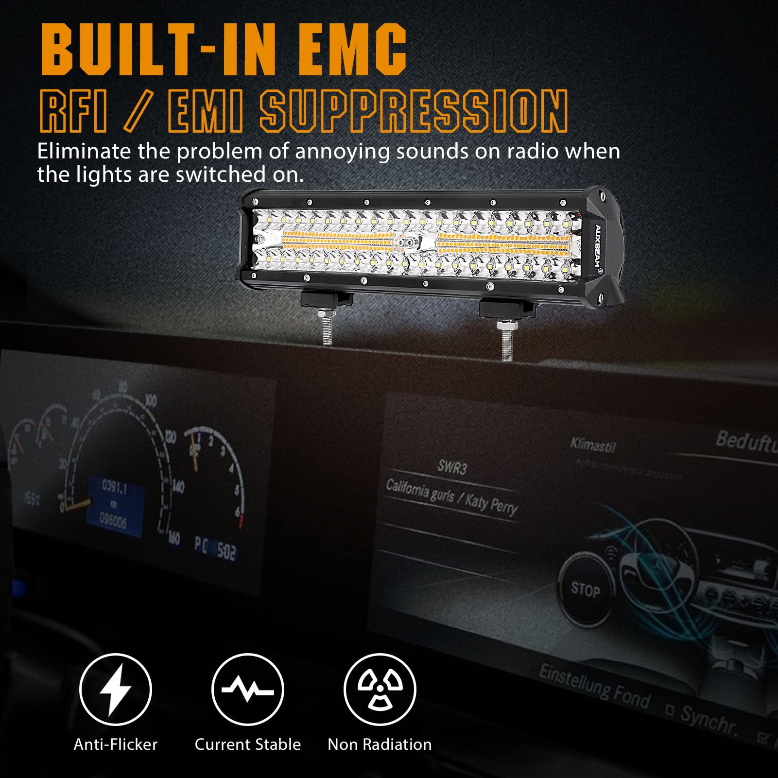Auxbeam 12 Inch 300W LED Light Bar - Amber & White Strobe with 6 Flashing Modes | Offroad, Emergency, Fog Light for Trucks, Cars, ATVs, Jeeps, Boats | Perfect for Off-Roading, Emergency Signaling, and Nighttime Visibility