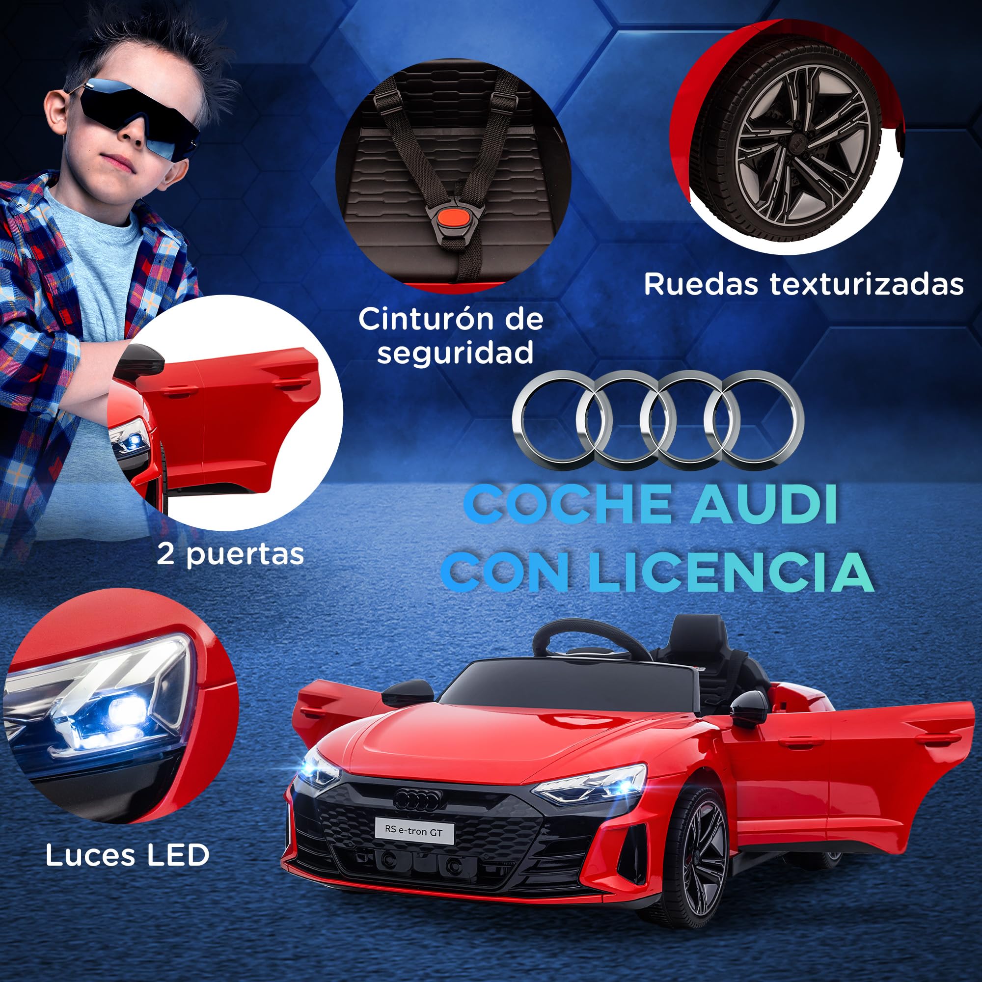 HOMCOM Electric Ride-On Car for Kids 3+ Years, Audi RS e-Tron GT 12V Battery-Powered Car with Remote Control, LED Lights, Horn, Music USB & Door Opening, 3-5 km/h, Red - Perfect for Outdoor Play, Birthday Gifts & Family Fun