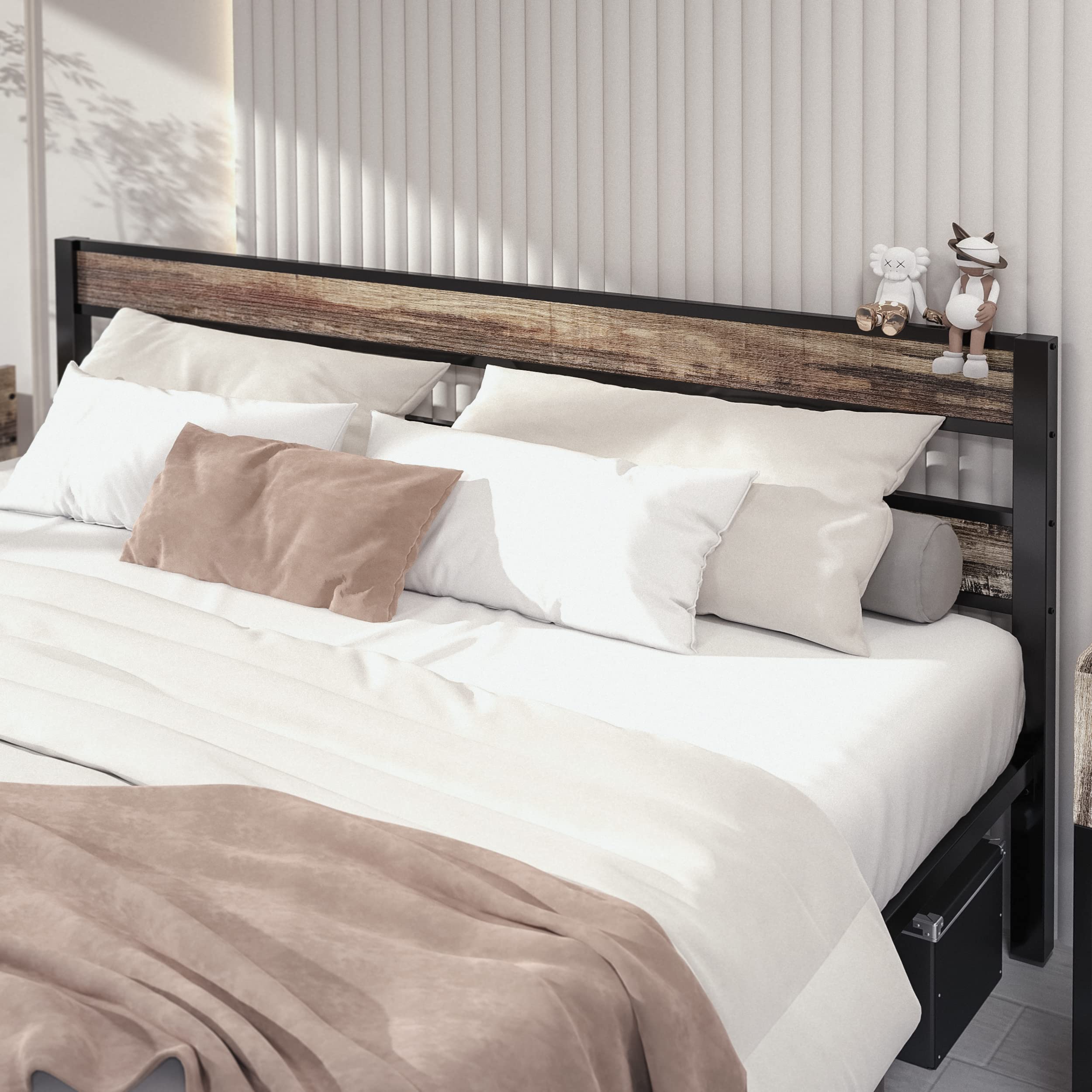 LIKIMIO California King Bed Frame with Headboard - Easy Assembly, Noise-Free Metal Platform Bed, Heavy Duty Support (No Box Spring Needed) - Rustic Brown Finish for Master Bedroom & Guest Room