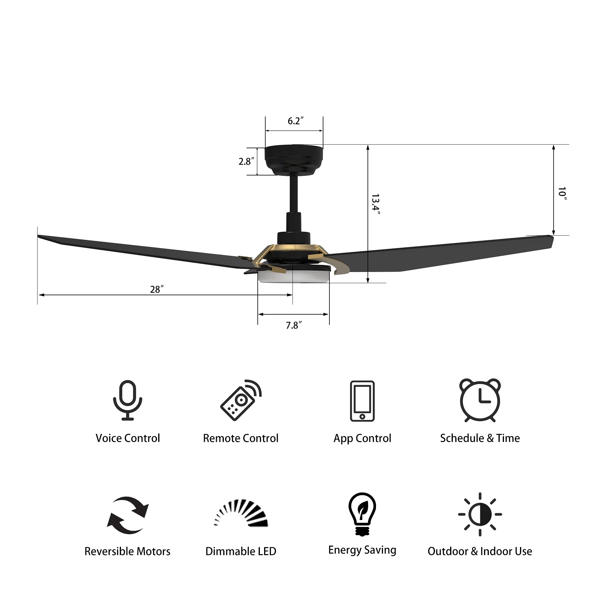 SMAAIR 52 Inch Smart Ceiling Fan with LED Light & Remote Control - Alexa Google Home Siri Compatible - Dimmable Lights 10-Speed DC Motor - Gold Black Finish - Perfect for Living Room Bedroom Patio Outdoor Use