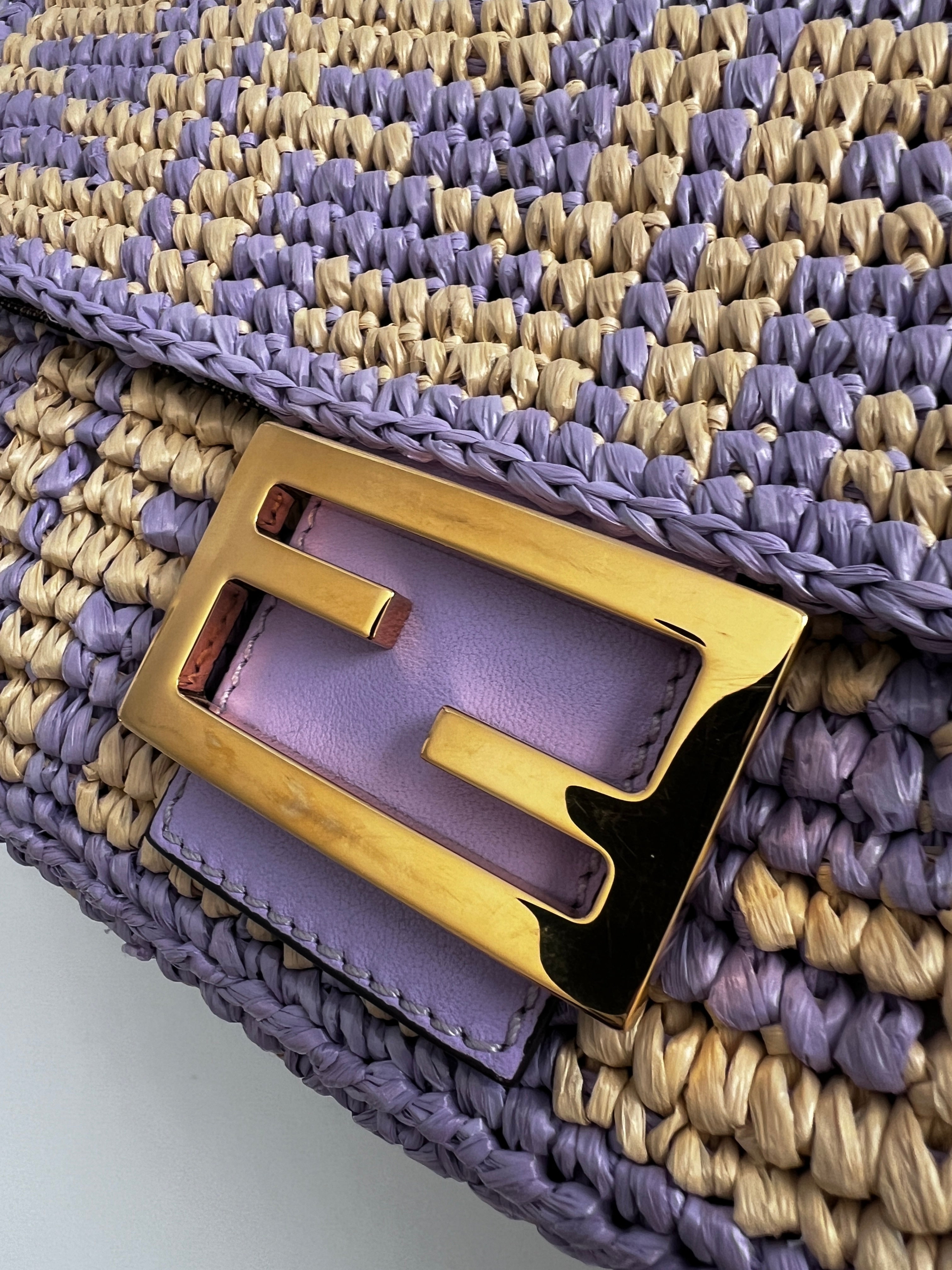 Fendi Violet Raffia Woven Baguette Bag - Stylish Crossbody Purse for Women, Perfect for Summer Outings, Beach Trips, and Casual Events