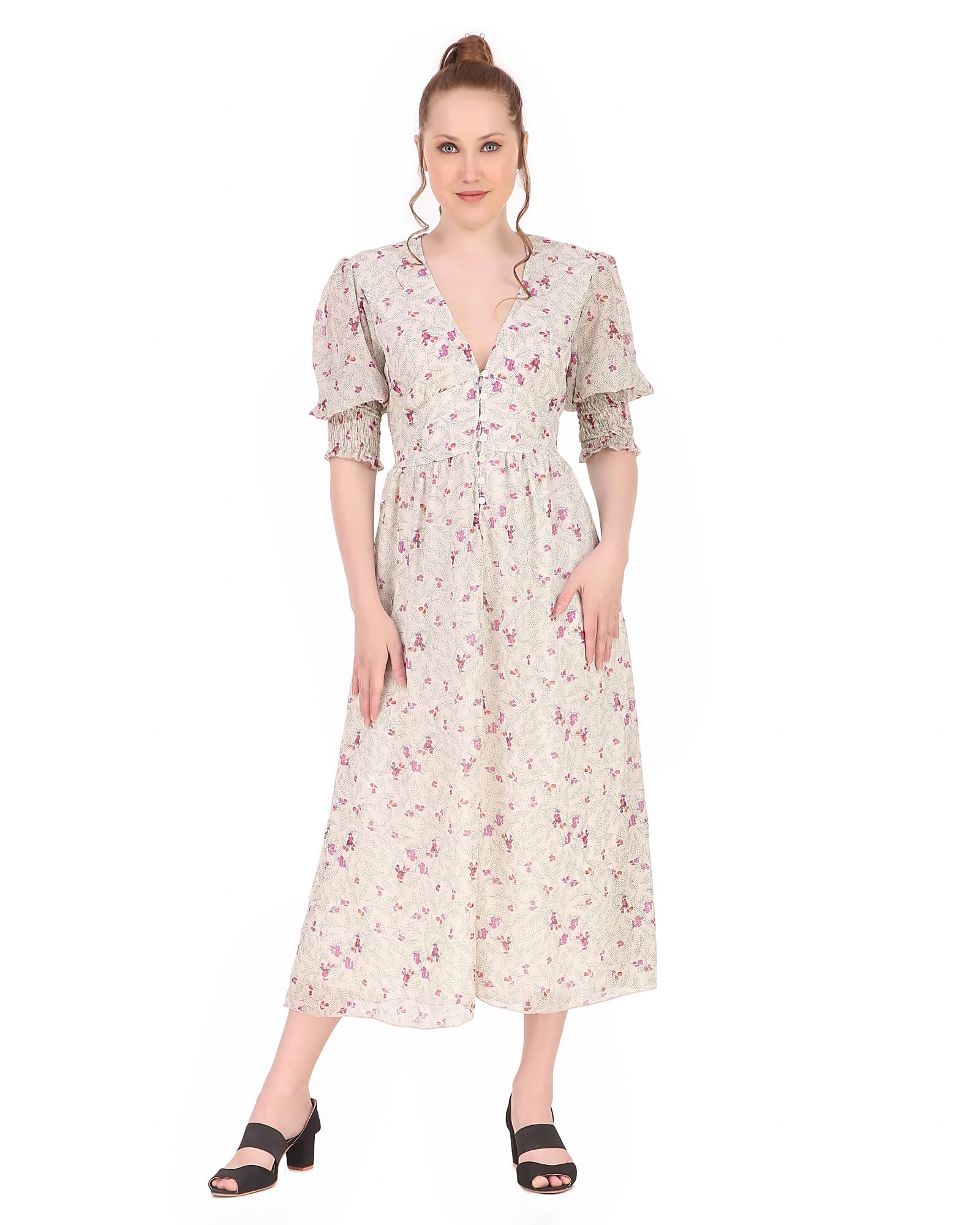 BoheeWohee Women's Boho Cottagecore Smoked Floral Print Chiffon Midi Dress for Summer - Perfect for Beach Vacations, Garden Parties & Romantic Dates