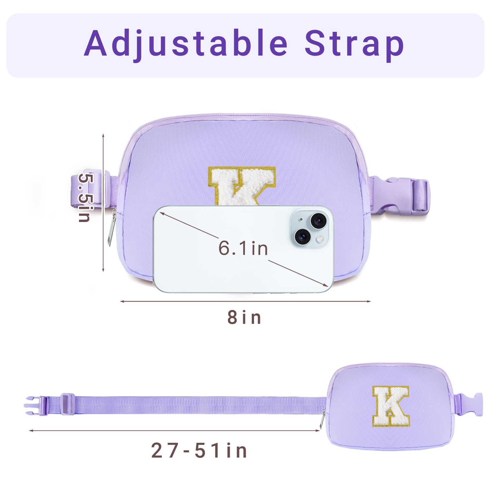 Adjustable Strap Initial Fanny Pack for Women & Girls Age 5-13 - Crossbody Chest Pouch Belt Bag in Purple - Perfect for Travel, Beach Vacations, Running Errands & Everyday Use