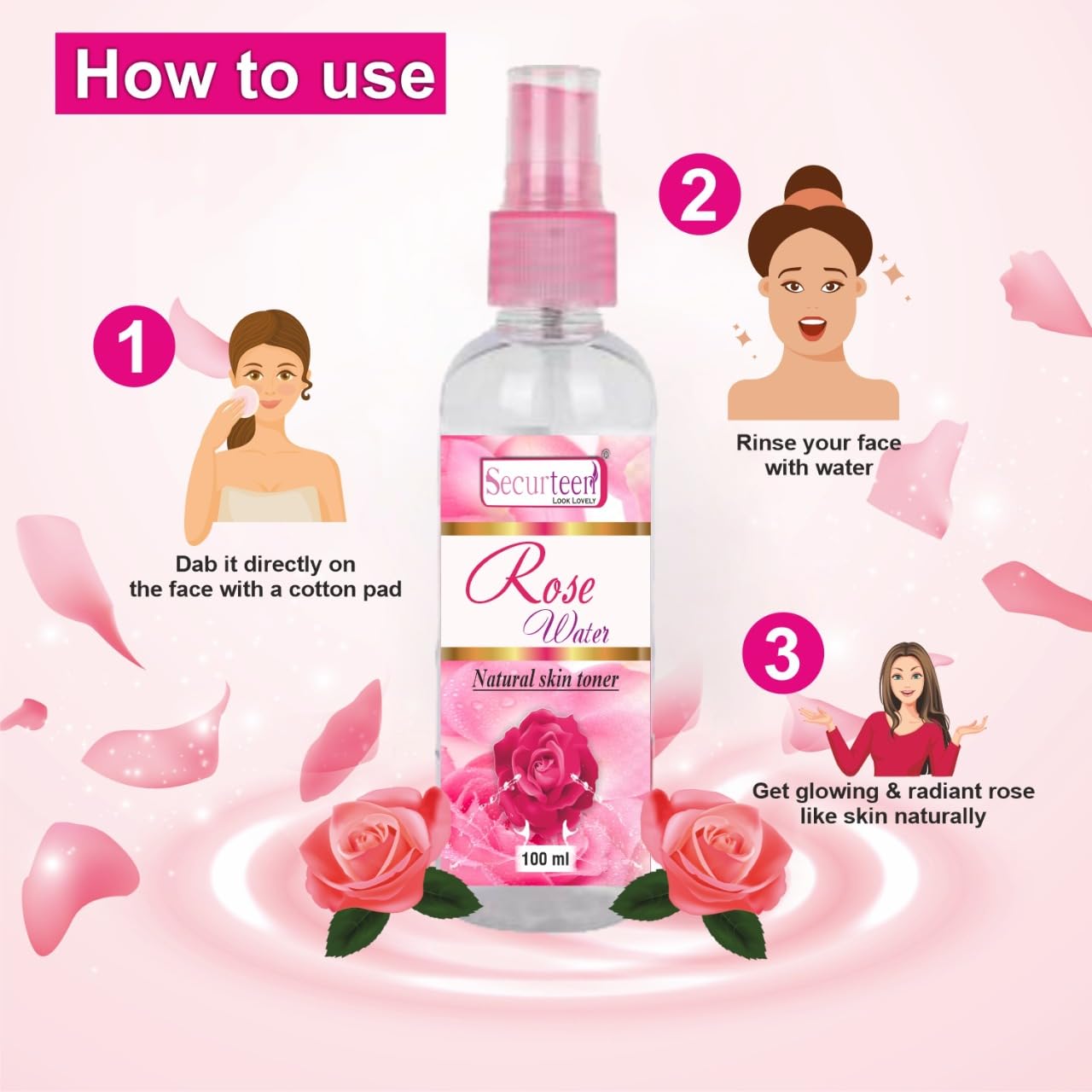 Securteen Rose Water Facial Cleanser - Hydrating & Brightening Face Wash for Glowing Skin | 100ml, Pack of 1 | Perfect for Daily Skincare Routine & Makeup Removal