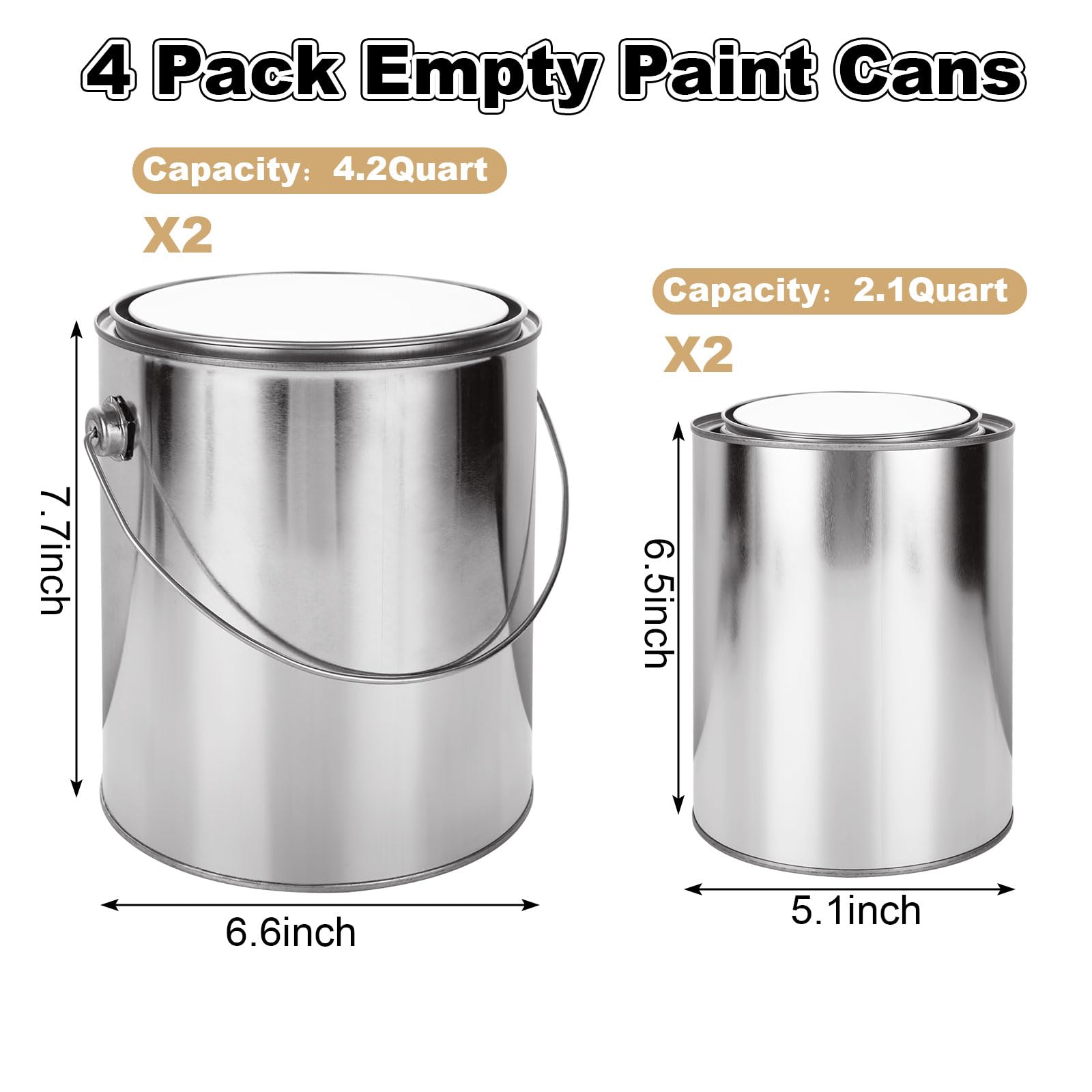 Acrux7 4 Pack Empty Paint Cans with Lids - 1 Gallon & 2 Quart Metal Paint Buckets for Painting, DIY Crafts, Storage - Unlined Paint Pails with Handles for Artists, Contractors & Home Improvement Projects