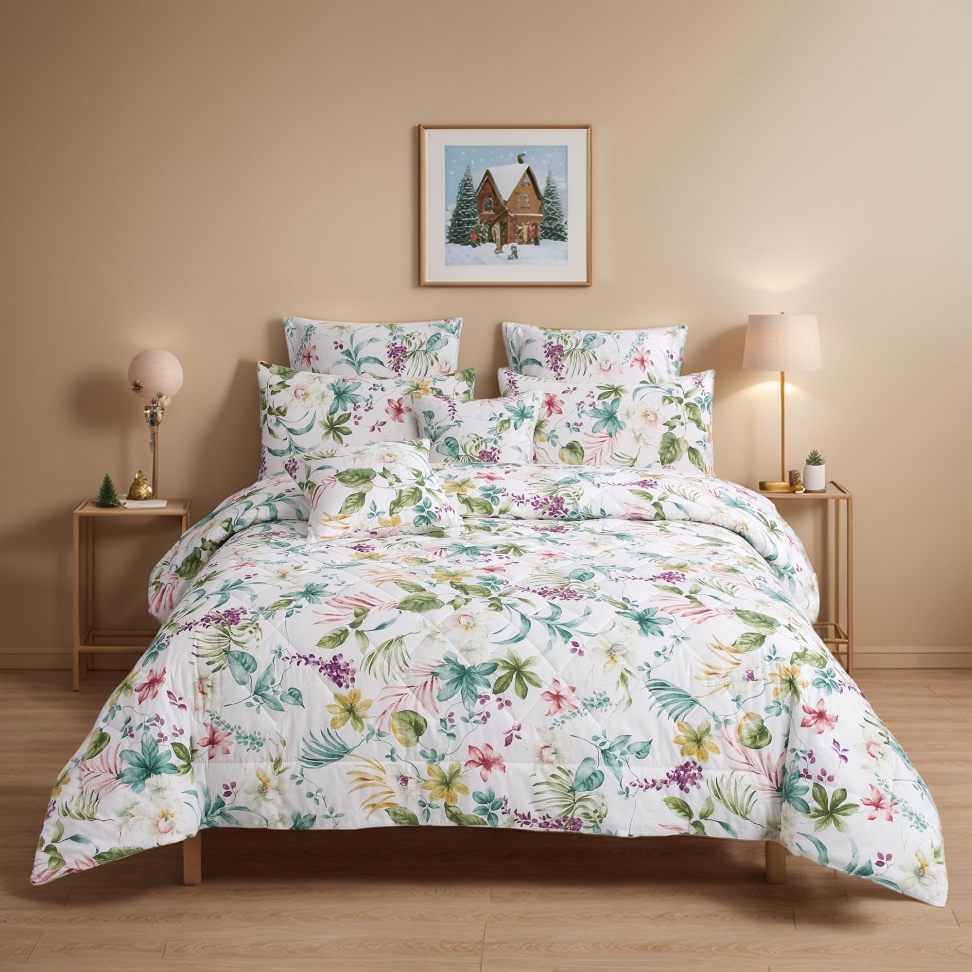 FADFAY White Floral King Size Comforter Set - 100% Cotton Reversible Duvet Cover with Soft Microfiber Fill, 3-Piece Lightweight All Season Bedding | Perfect for Master Bedroom, Guest Room & Cozy Home Decor