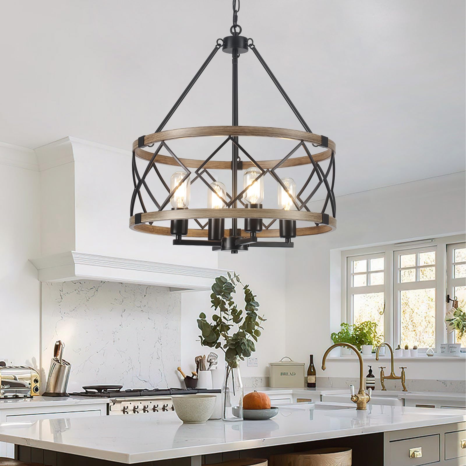 Farmhouse Chandelier 4-Light Rustic Wood Grain Pendant Light - Modern Industrial Dining Room Chandelier for Kitchen Island, Entryway, Foyer & Hallway | E26 Base Metal Fixture | Perfect for Country Homes, Restaurants & Cabin Decor