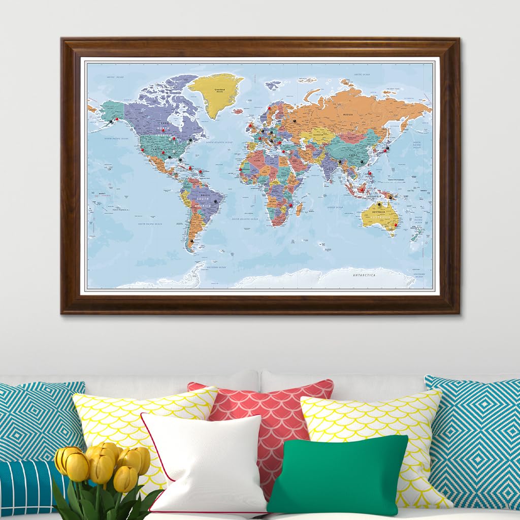 Push Pin Travel Map - Blue Oceans World with Brown Frame - 27.5