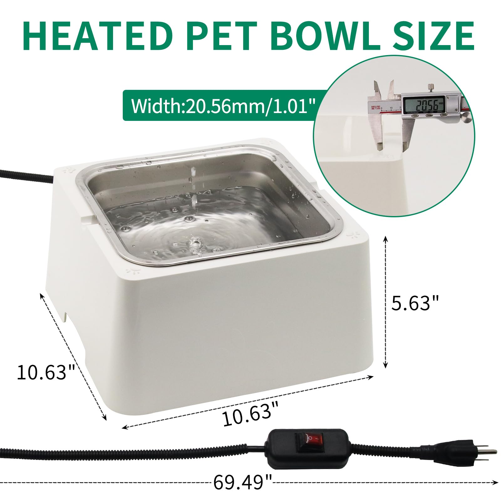 110OZ Heated Pet Water Bowl for Dogs & Cats - 100W Electric Stainless Steel Outdoor Water Dish with Thermostat & Removable Bowl - Winter-Proof Drinking Solution for Cold Weather - Perfect for Backyards, Kennels & Outdoor Pet Houses (White)