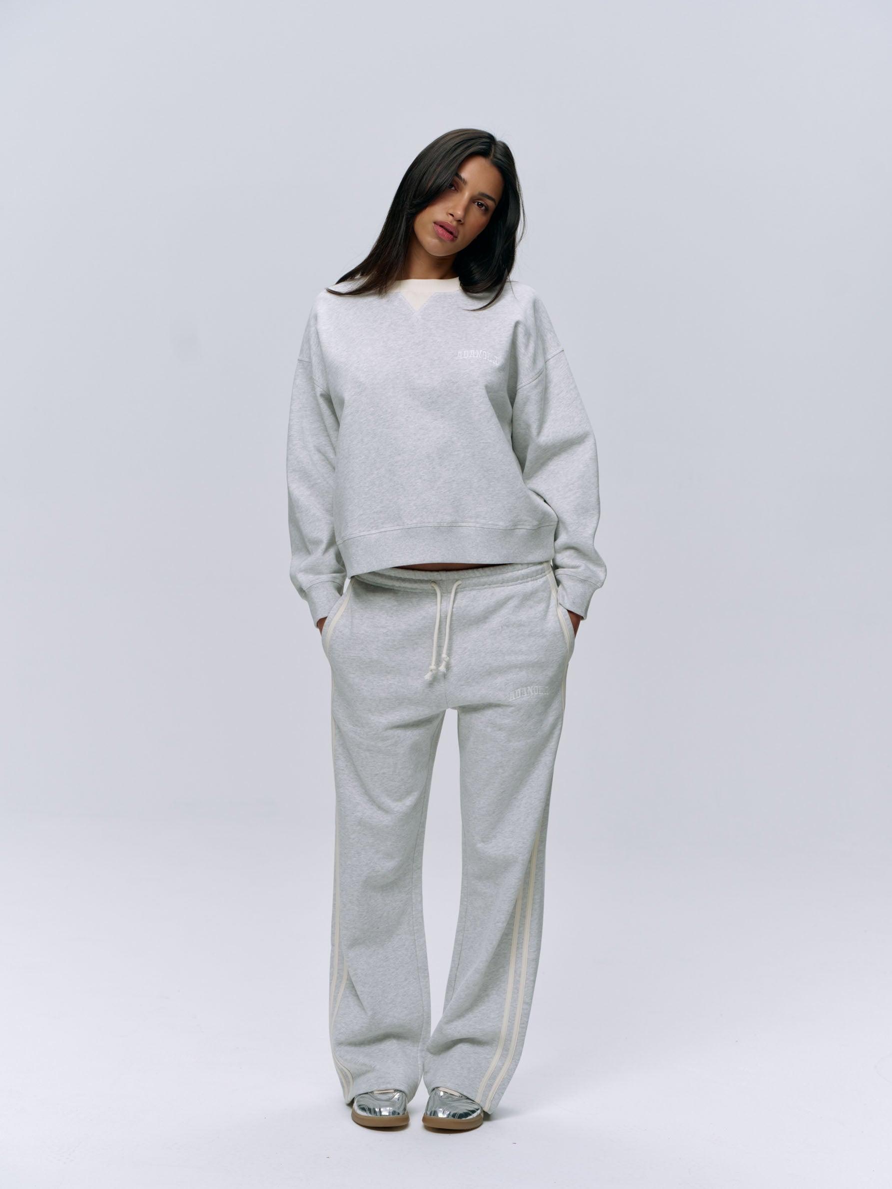 Varsity Loose Fit Sweatshirt - Light Grey Melange & Marshmallow White | Comfortable Casual Pullover for Men & Women | Perfect for College, Gym, and Everyday Wear