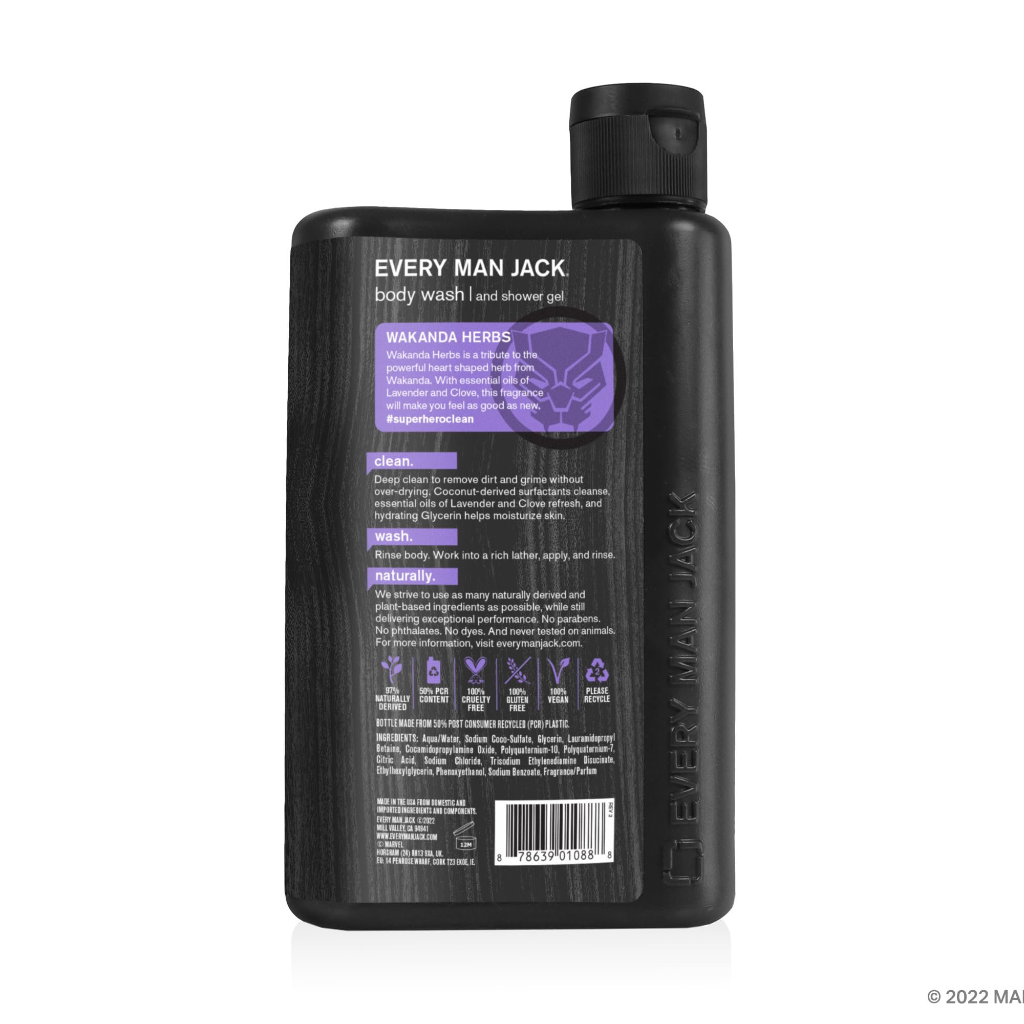 Every Man Jack Body Wash - Marvel Black Panther | 13.5 fl oz Twin Pack (2 Bottles) | Natural Ingredients, Paraben-Free, Phthalate-Free, Dye-Free, Cruelty-Free | Men's Daily Shower Gel for Hydrating & Refreshing Skin