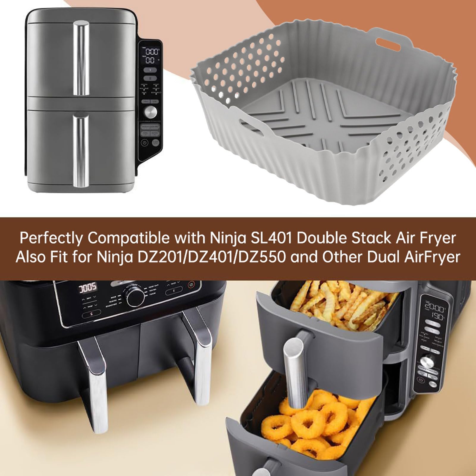 Reusable Silicone Air Fryer Liners 2Pcs with Oven Gloves - Non-Stick Square Air Fryer Basket Accessories for Ninja SL401/DZ201/DZ401/DZ550 - Perfect for Baking, Roasting & Healthy Cooking