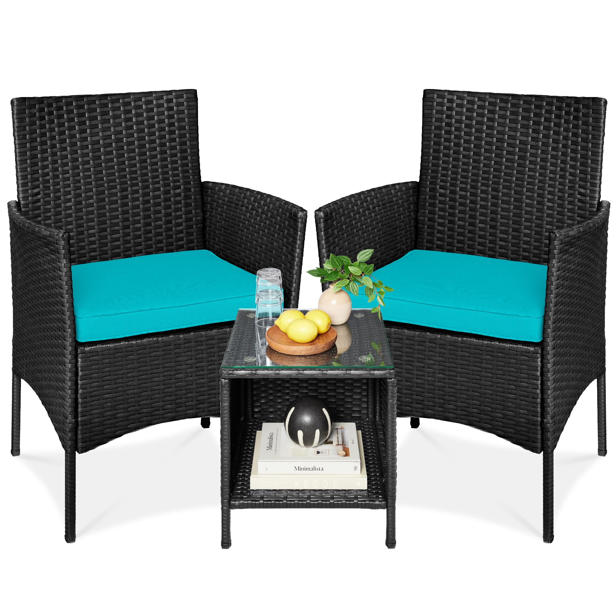 Best Choice Products 3-Piece Outdoor Wicker Conversation Bistro Set - Space Saving Patio Furniture with Side Table for Garden, Balcony or Backyard - Black & Teal Color - Perfect for Small Spaces and Outdoor Relaxation