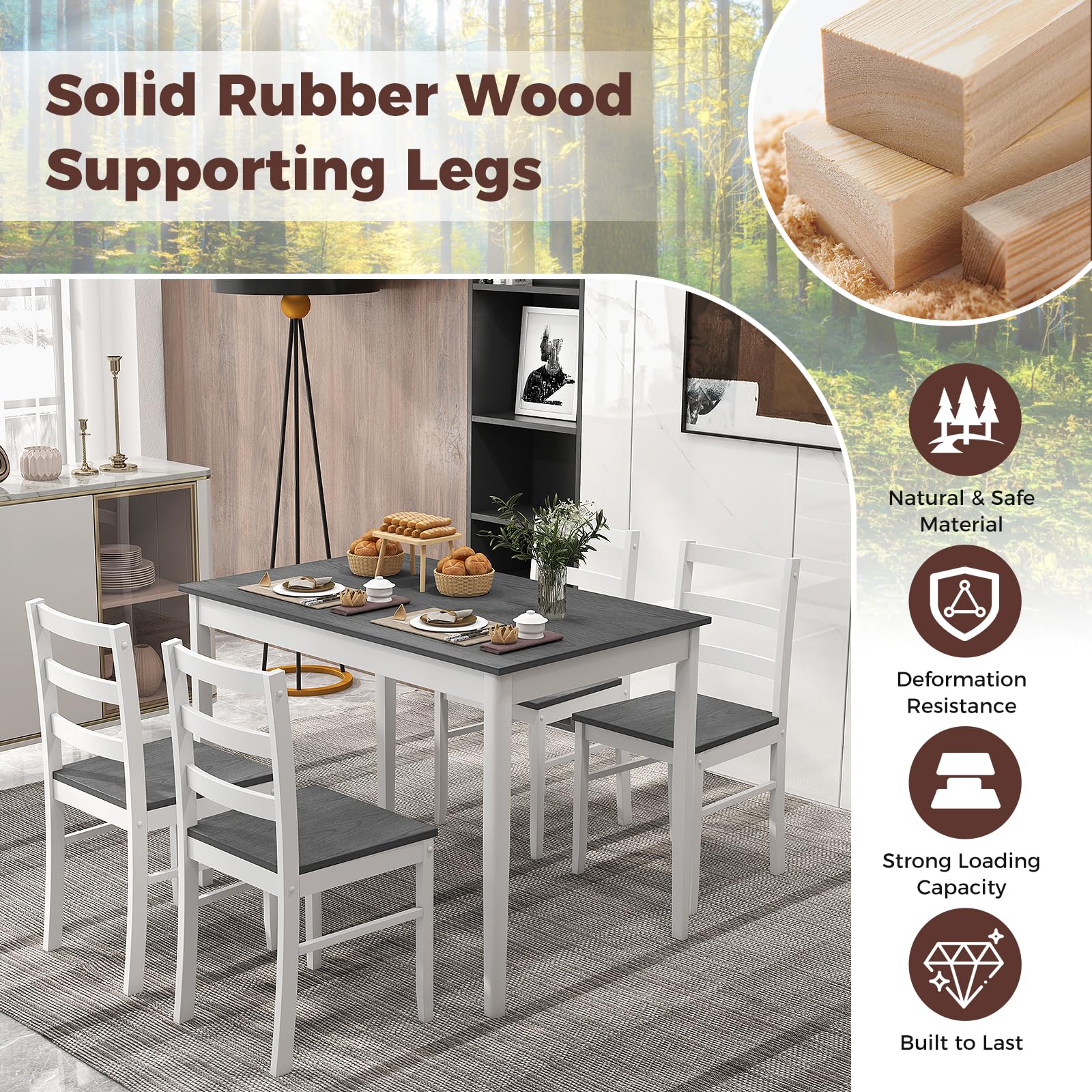 GOFLAME 5-Piece Farmhouse Dining Table Set for 4 - Space-Saving Kitchen Table & 4 Chairs with Durable Rubber Wood Legs, Grey Wooden Dinette Set for Small Spaces, Breakfast Nook, Apartment, or Cozy Dining Room | Perfect for Family Meals, Entertaining Guests & Daily Use