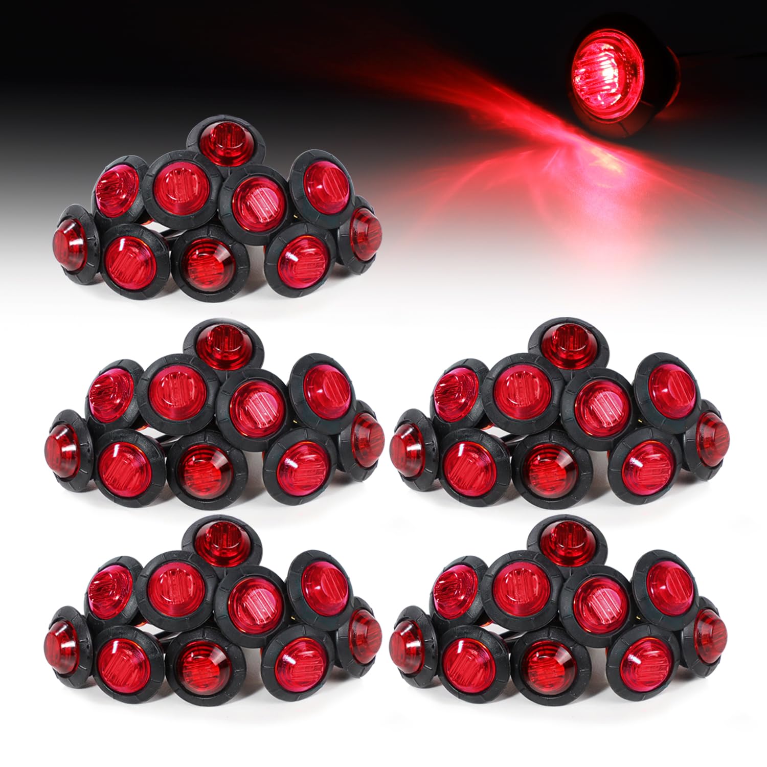 50 Pack 3/4 Inch Mini Round Red LED Side Marker Lights - 12V DC Waterproof Rubber Mount for Trucks, Buses, Boats & Trailers - Durable Signal Lights for Night Driving & Marine Safety