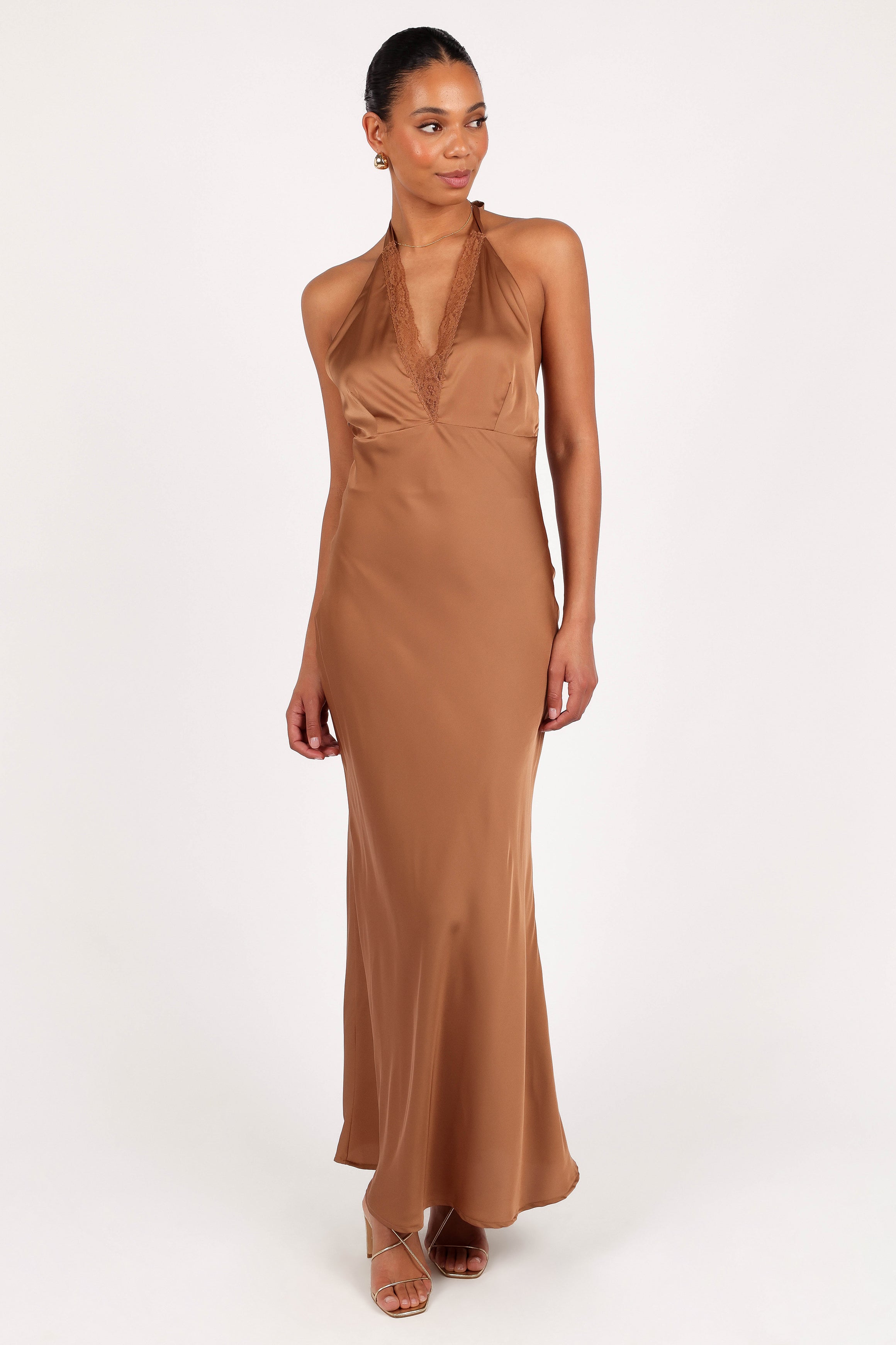 Kalina Women's Halterneck Maxi Dress in Bronze - Elegant Summer Beach Wedding Party Dress