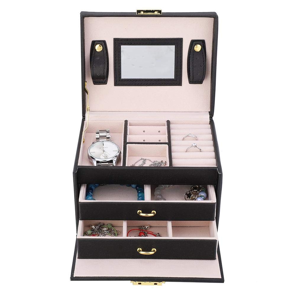 Greensen Leather Jewelry Storage Box with Mirror - Lockable Travel Jewelry Organizer for Necklaces, Rings & Accessories - Perfect for Women's Jewelry Organization at Home & Travel