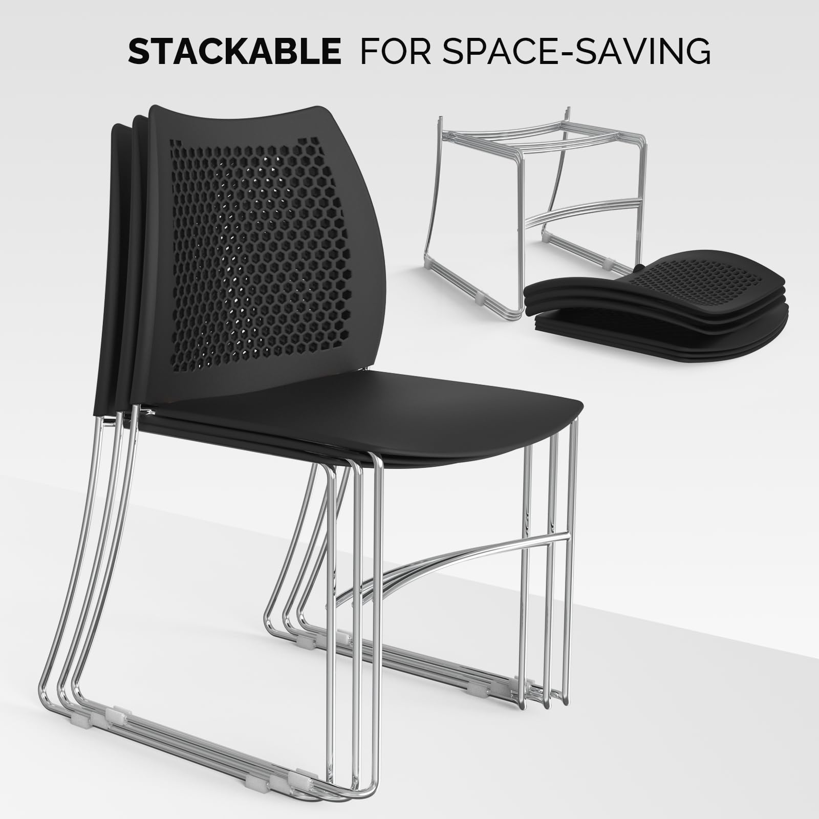 VINGLI 8-Pack Stackable Office Chairs - Heavy Duty Metal Sled Base with Ergonomic Plastic Seat & Ventilated Back - Perfect for Waiting Rooms, Break Rooms, Banquets & Guest Seating (Black) - Space Saving Stacking Design for Home & Commercial Use