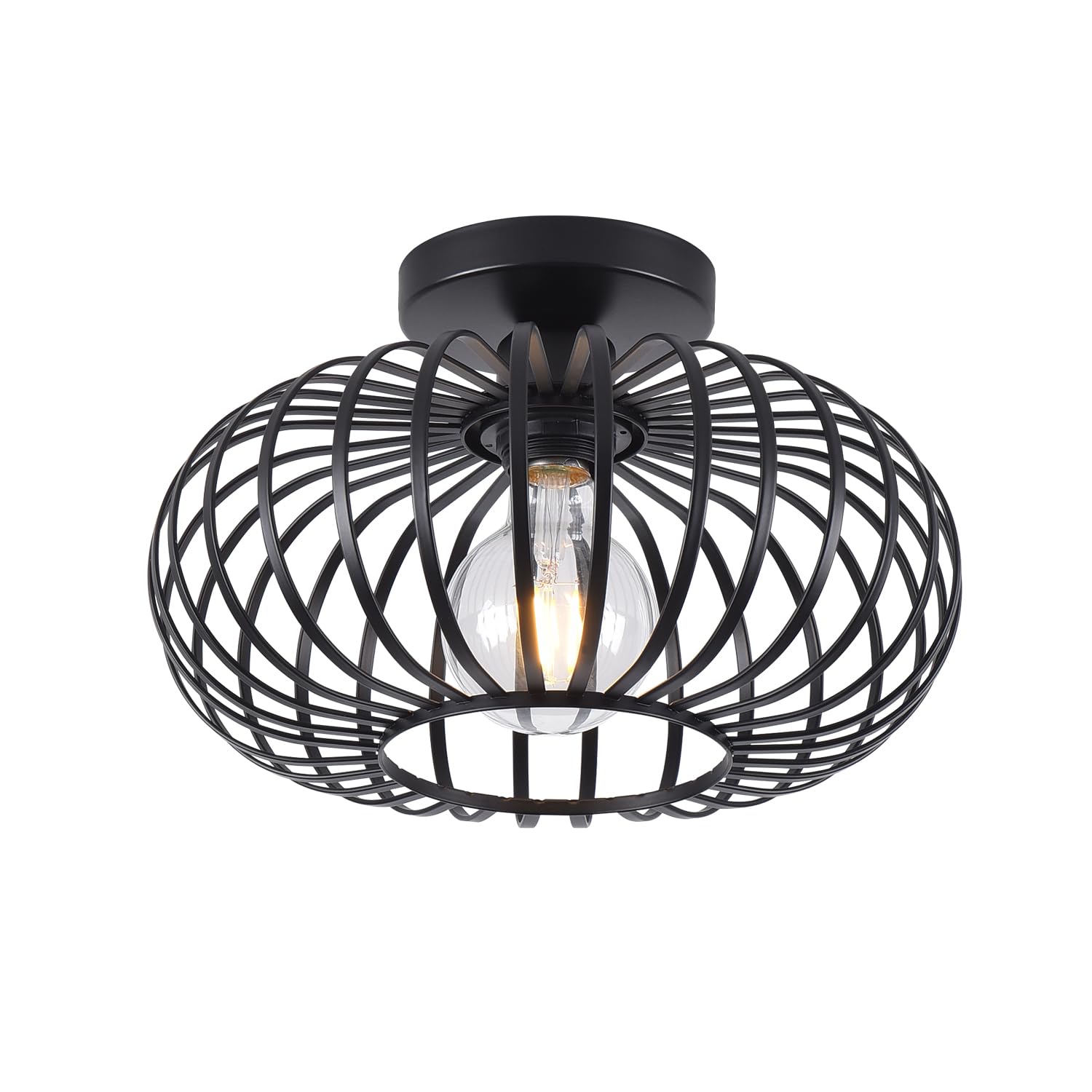 Farmhouse Black Semi Flush Mount Ceiling Light Fixture - Metal Cage Industrial Hallway Lighting - Close to Ceiling Lights for Kitchen, Dining Room, Porch, Bedroom & Entryway - Perfect for Rustic, Vintage or Modern Home Decor