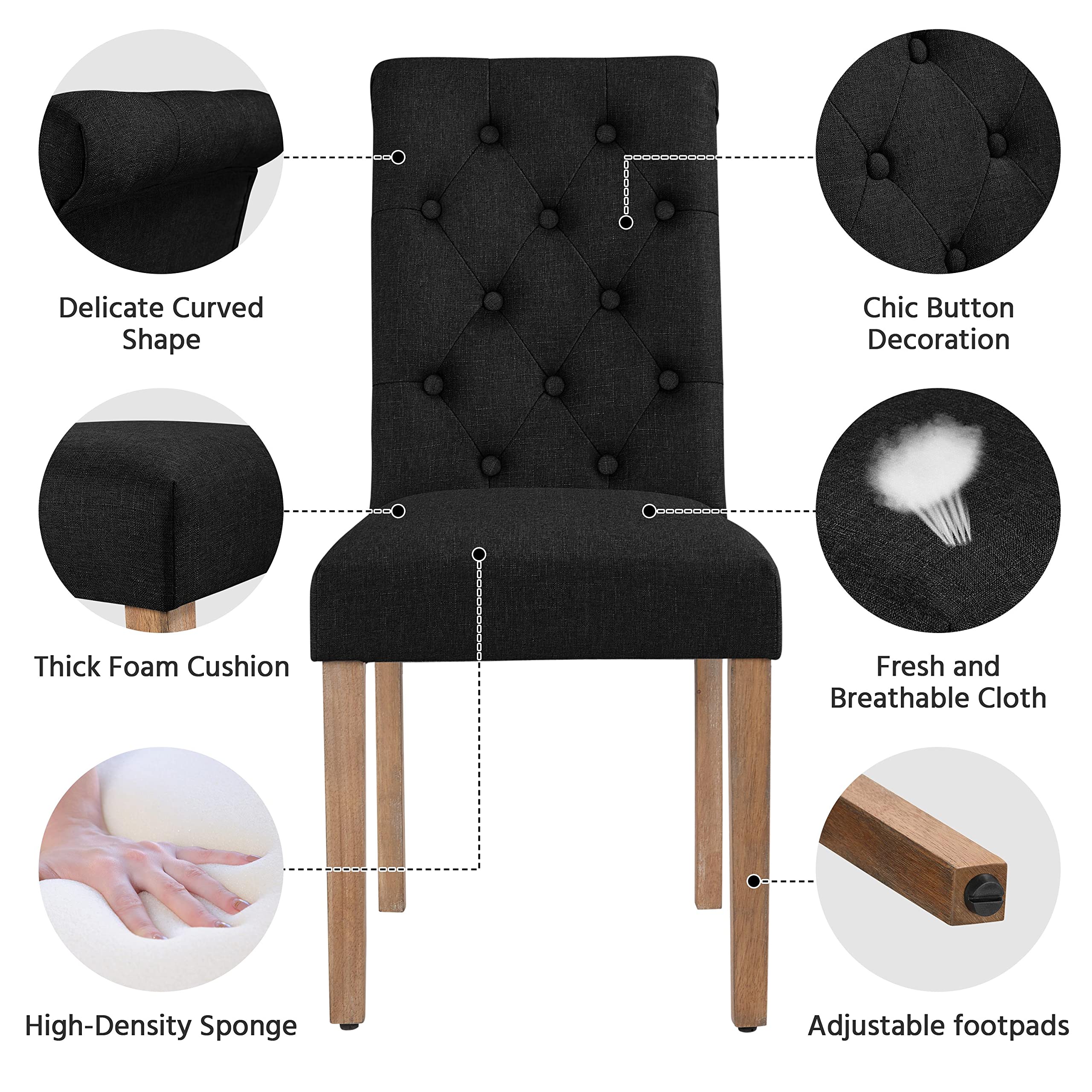 Topeakmart 2-Pack Black High Back Padded Dining Chairs with Wooden Legs for Kitchen, Living Room & Restaurant - Comfortable Seating for Home & Commercial Use