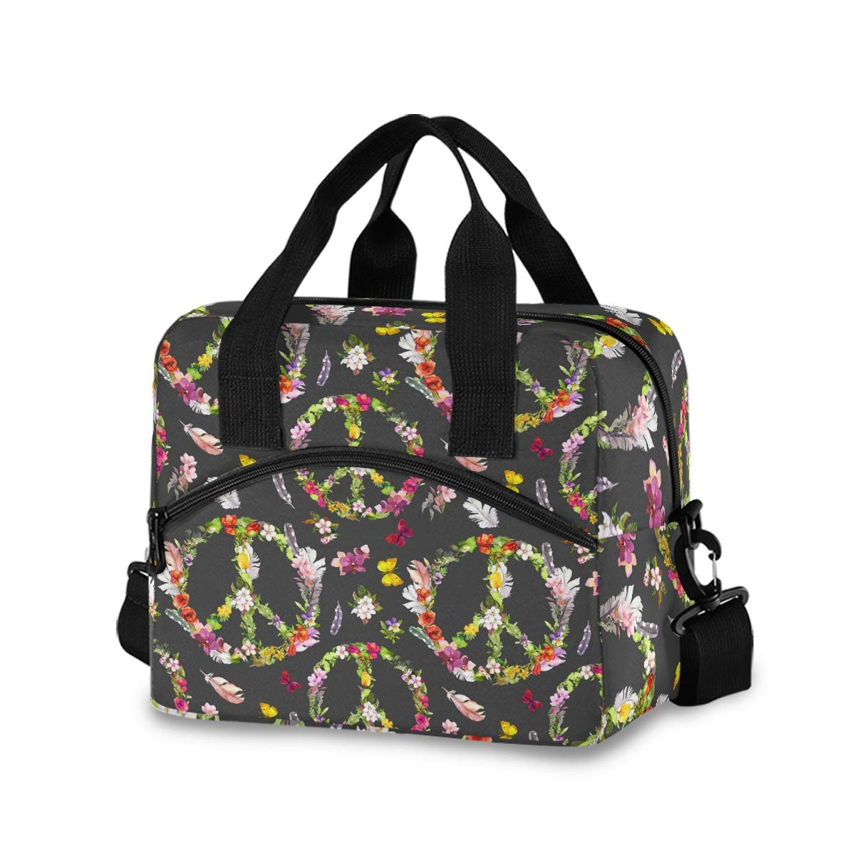 Flower Peace Sign Leakproof Lunch Bag for Women - Insulated Lunch Box & Cooler Tote (907j) - Perfect for Work, School, Picnics & Outdoor Activities