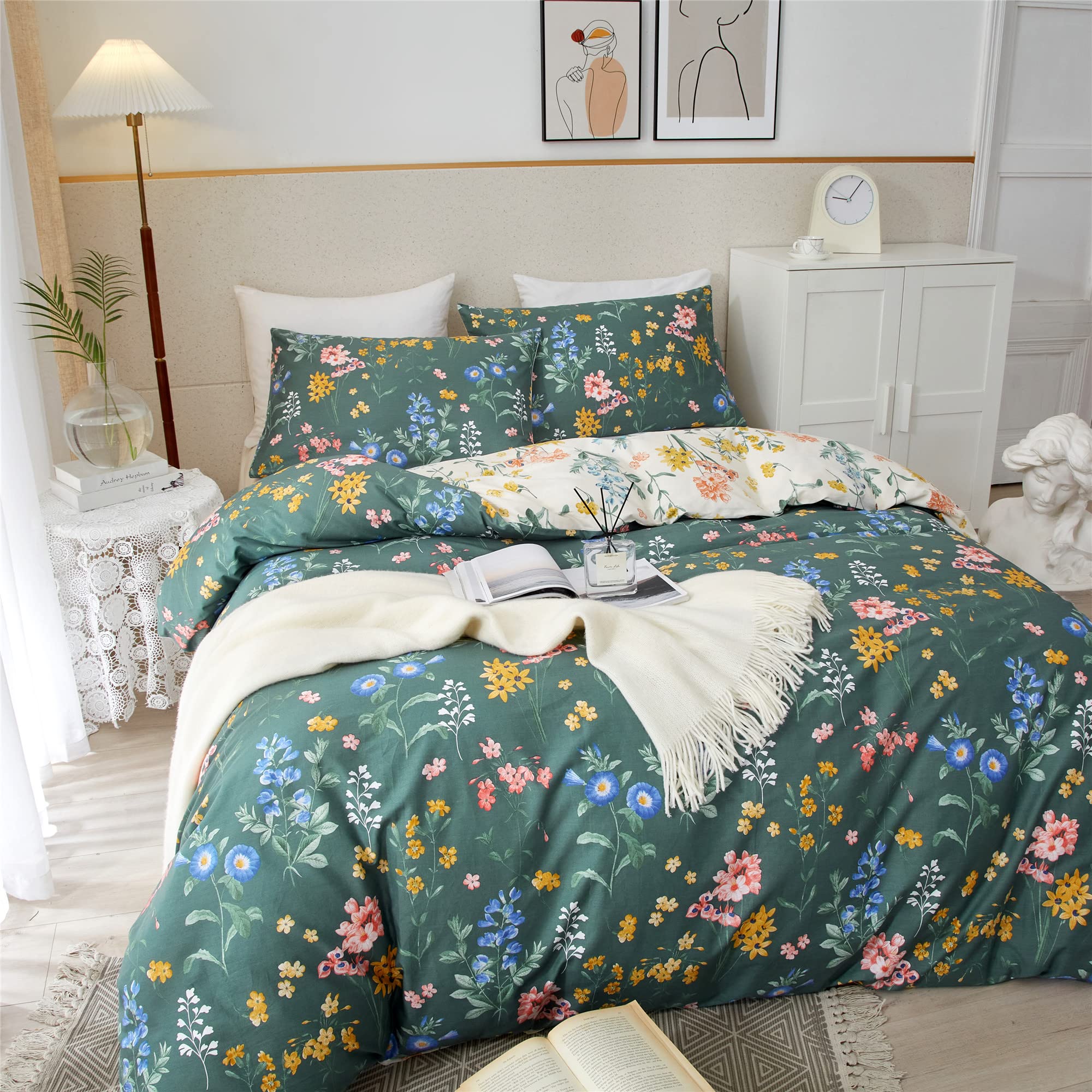 **PinkMemory Queen Size Duvet Cover Set - 100% Cotton Green & White Floral Pattern, Soft & Durable with Zipper Closure, Includes Pillowcases - Perfect for Bedroom, Guest Room, and Home Decor**