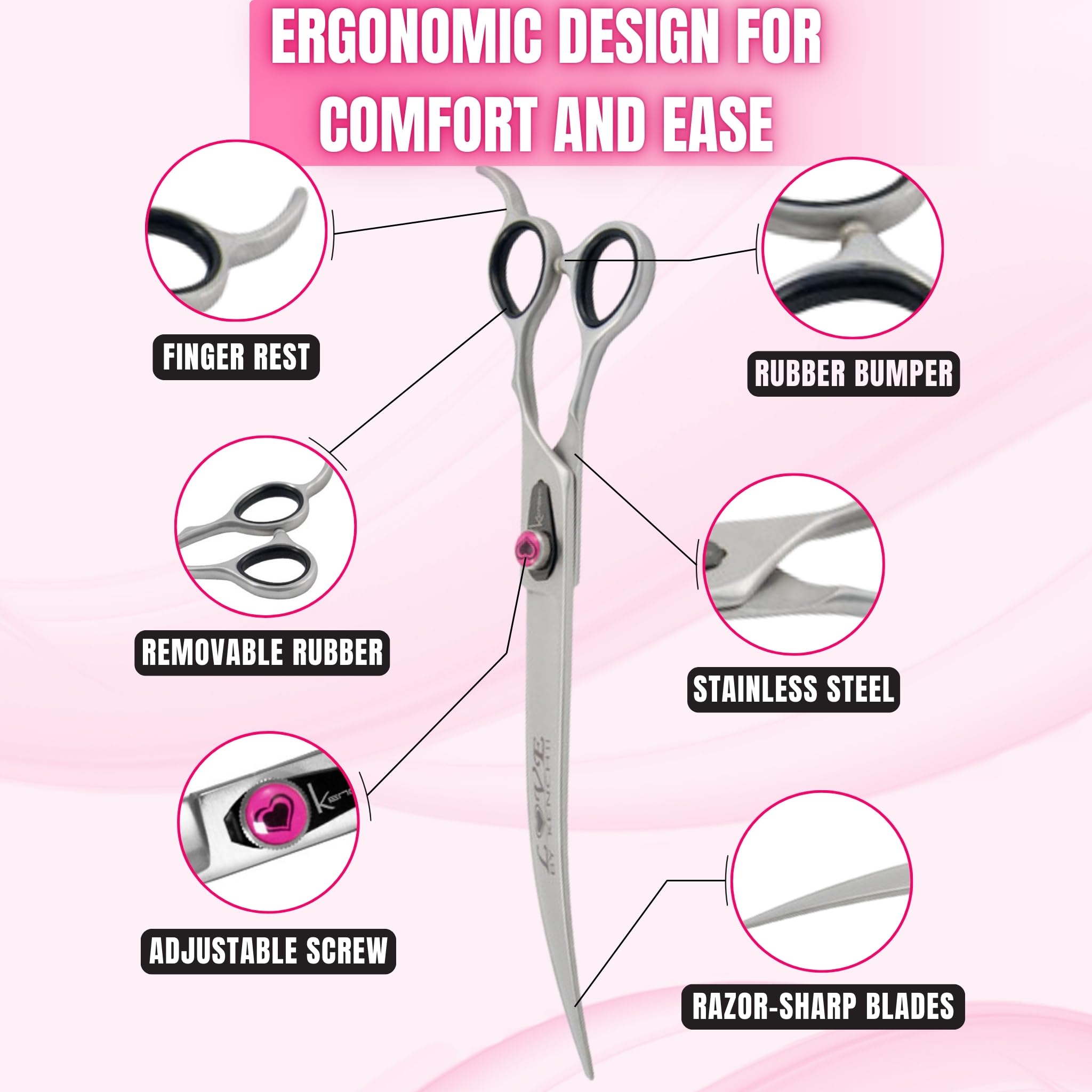 Kenchii Love Left Handed Dog Grooming Scissors - 9 Inch Professional Curved Shears for Pet Grooming | Perfect for Precise Trimming & Styling on Dogs & Cats at Home or Salon