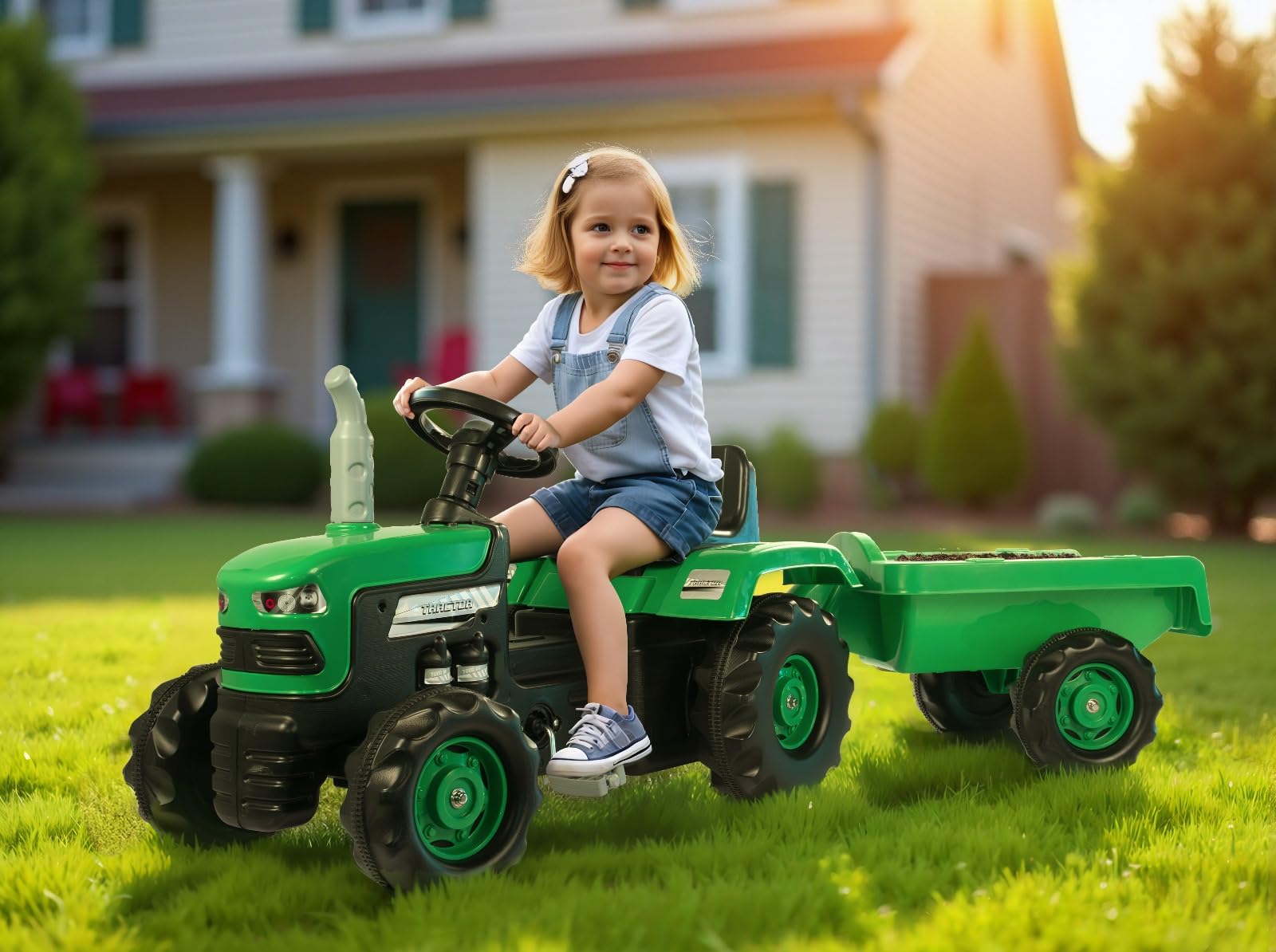 Big Green Pedal Tractor with Trailer - Kids Ride-On Toy for Outdoor Play & Farm Pretend Play - Durable Steel Construction for Ages 3-8 Years