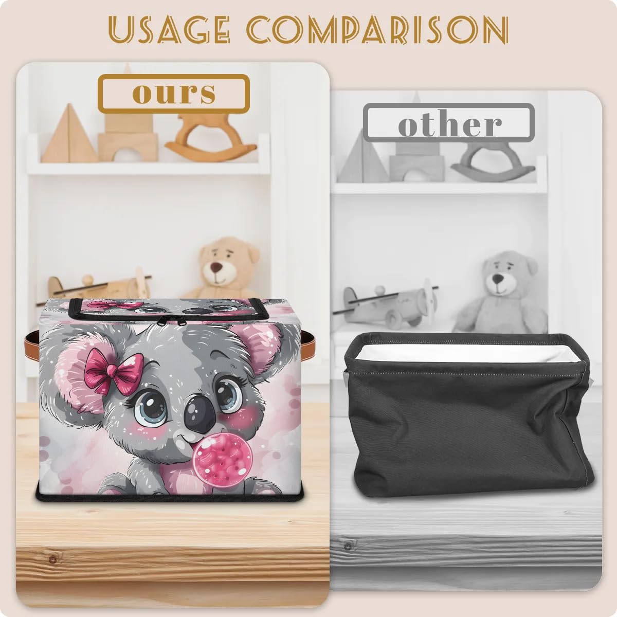 Cute Koala Bow Storage Bins with Zipper Lid - 2pcs Stackable Closet Organizer Baskets with Metal Frame & PU Handles - Perfect for Clothes, Toys, and Home Organization