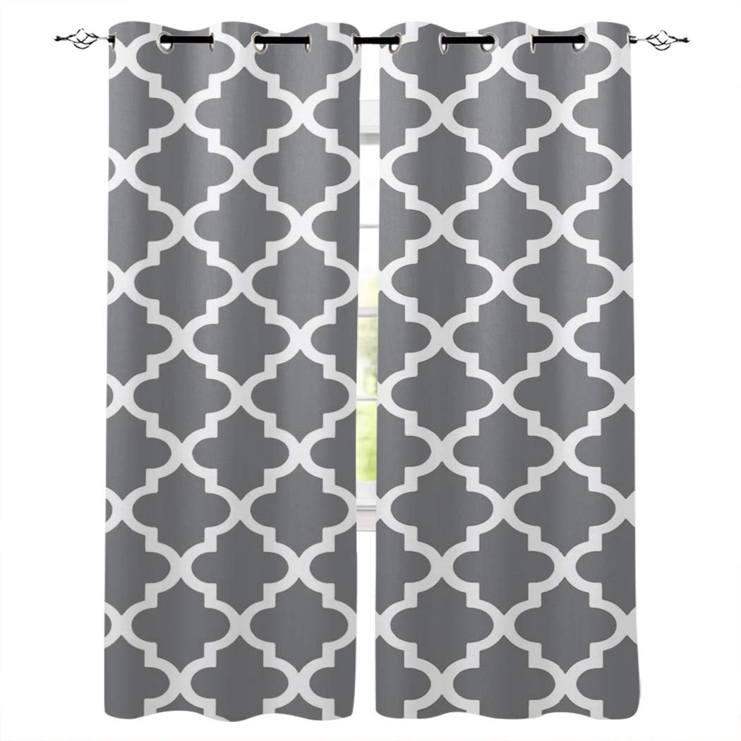 Thermal Insulated Blackout Curtains 52x63 Inches - Noise Reducing Grommet Drapes for Bedroom, Nursery & Kids Room | Moroccan Trellis Geometric Pattern in Gray & White | Energy Saving Home Decor for Better Sleep & Privacy