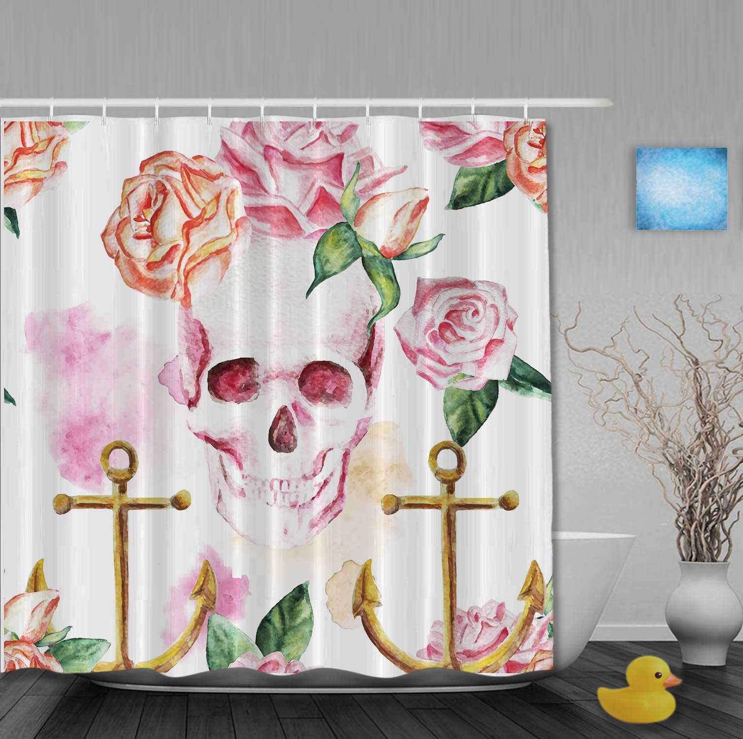 Vintage Floral Pirate Bathroom Shower Curtain - Spring Pink Rose & Gold Anchor Design 72x72 Inch Waterproof Fabric for Nautical Themed Bathroom Decor, Kids Room or Beach House